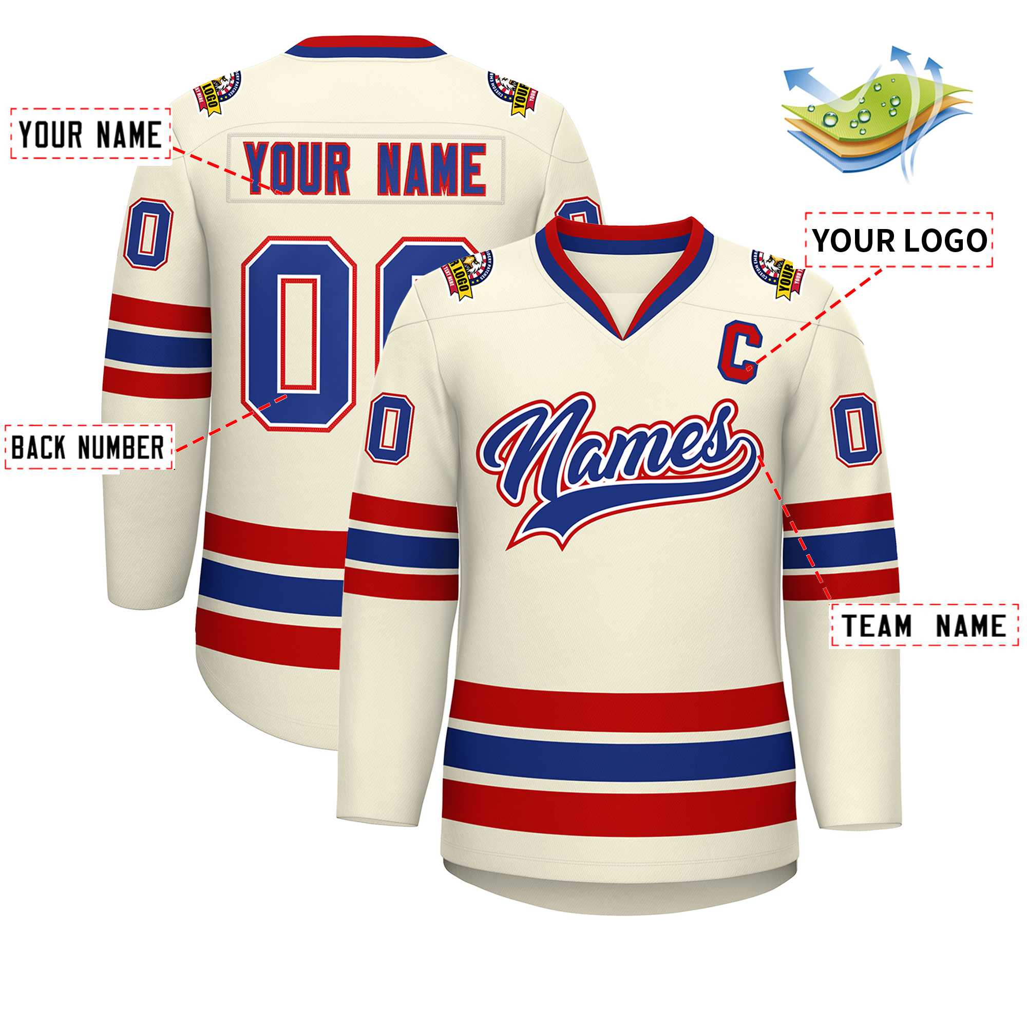 Custom Khaki Royal White-Red Classic Style Hockey Jersey