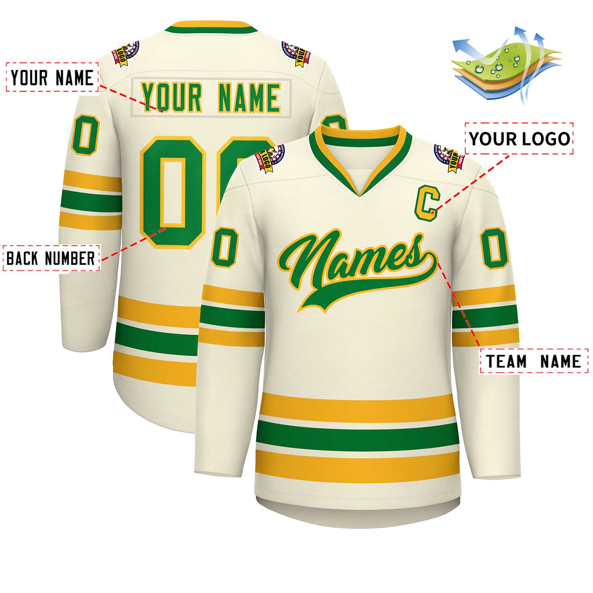 Custom Khaki Kelly Green-Gold Classic Style Hockey Jersey