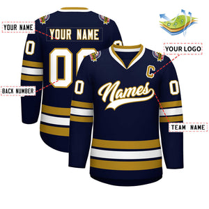 Custom Navy White-Old Gold Classic Style Hockey Jersey