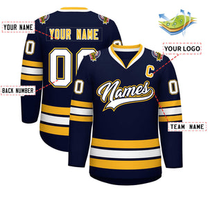 Custom Navy White Navy-Gold Classic Style Hockey Jersey