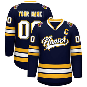 Custom Navy White Navy-Gold Classic Style Hockey Jersey