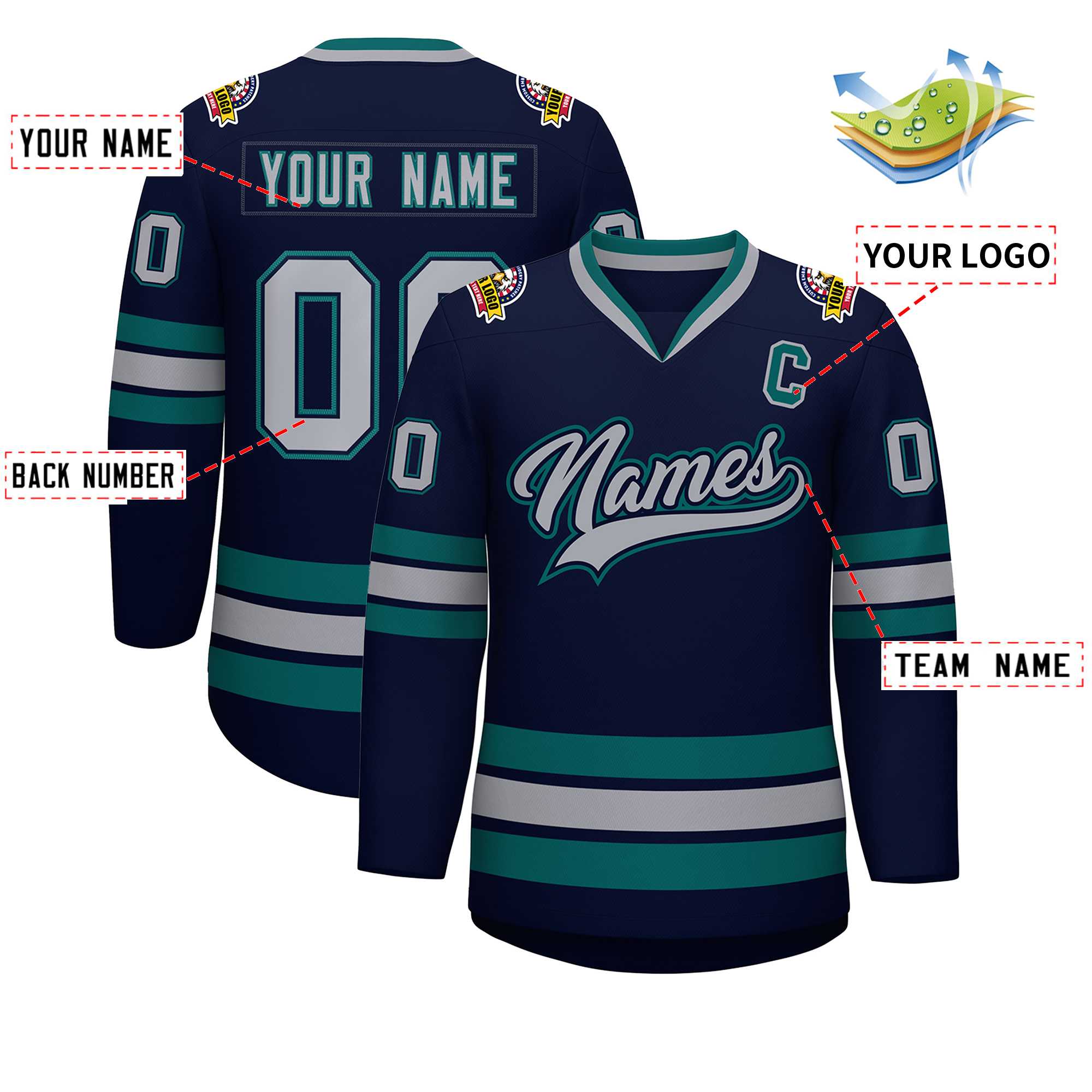 Maillot de hockey personnalisé de style classique, gris marine, marine-aqua