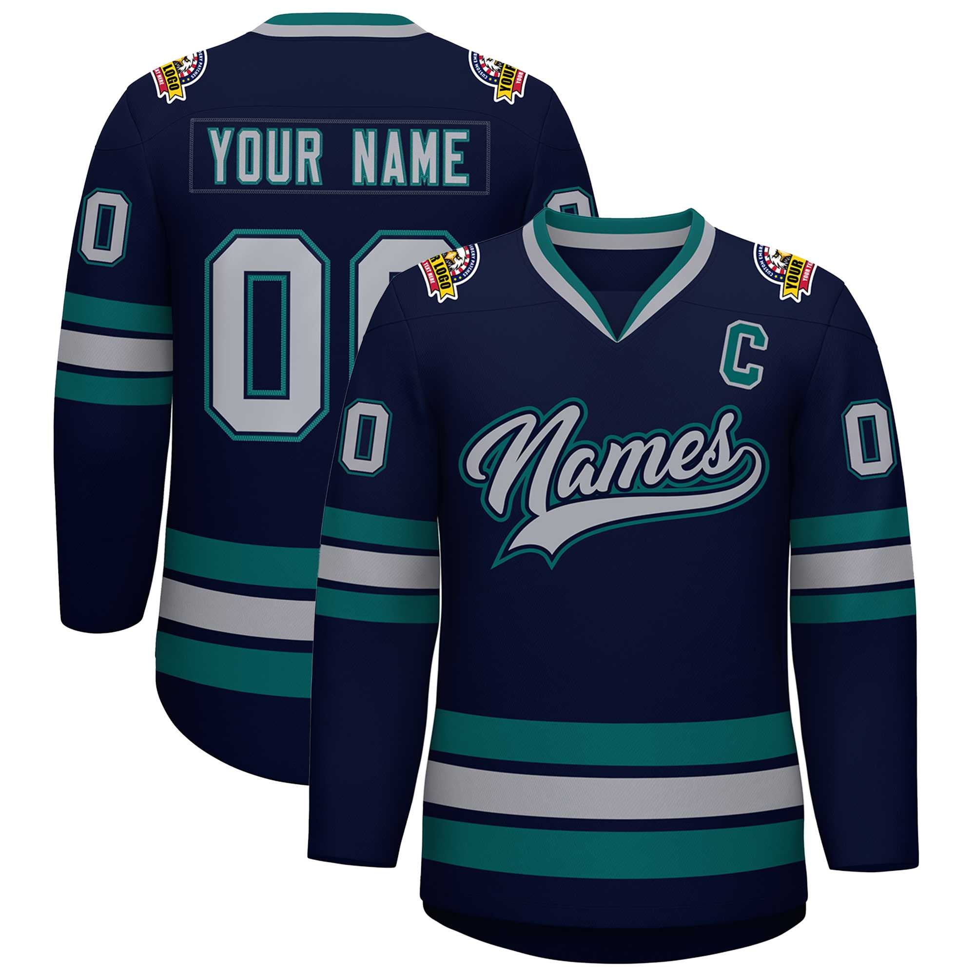 Maillot de hockey personnalisé de style classique, gris marine, marine-aqua