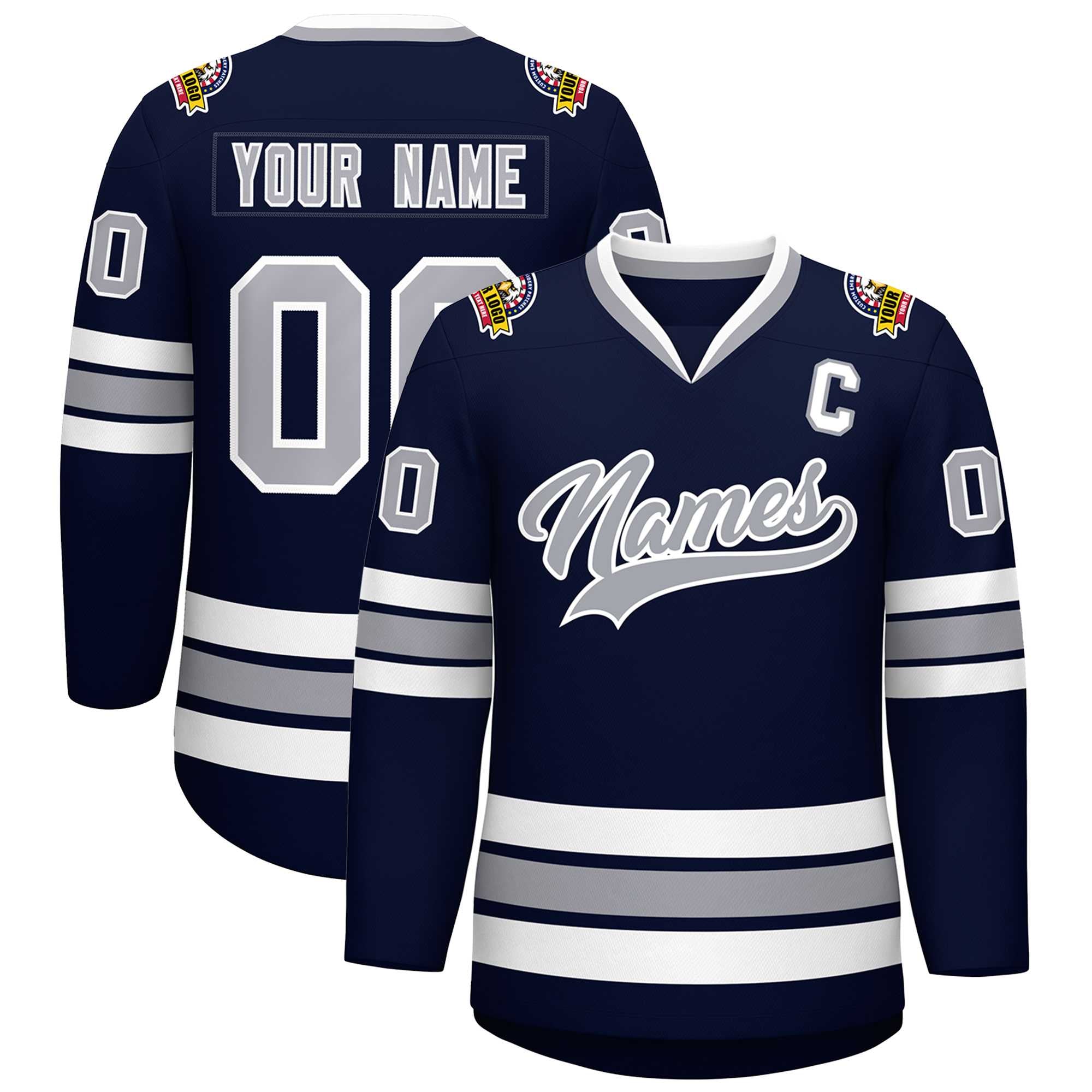 Custom Navy Gray-White Classic Style Hockey Jersey