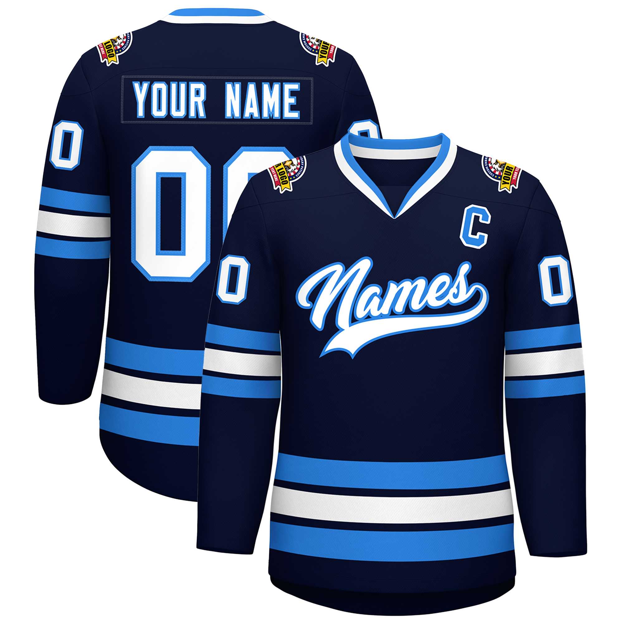 Custom Navy White-Powder Blue Classic Style Hockey Jersey