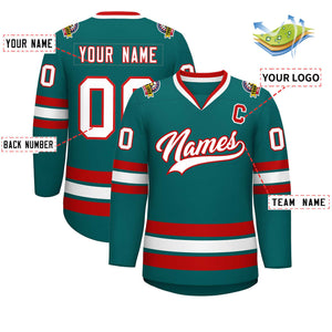 Custom Teal White-Red Classic Style Hockey Jersey