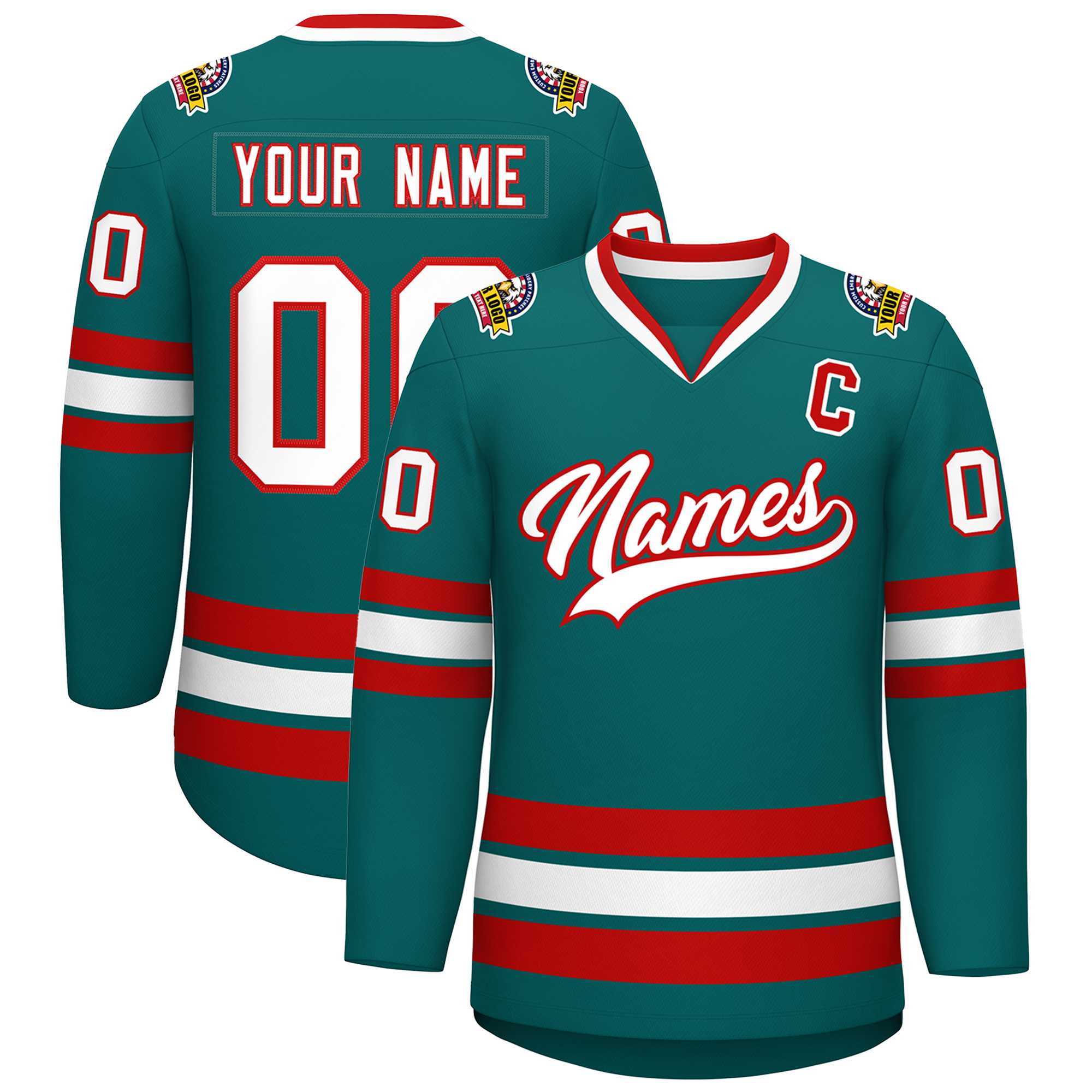 Custom Teal White-Red Classic Style Hockey Jersey