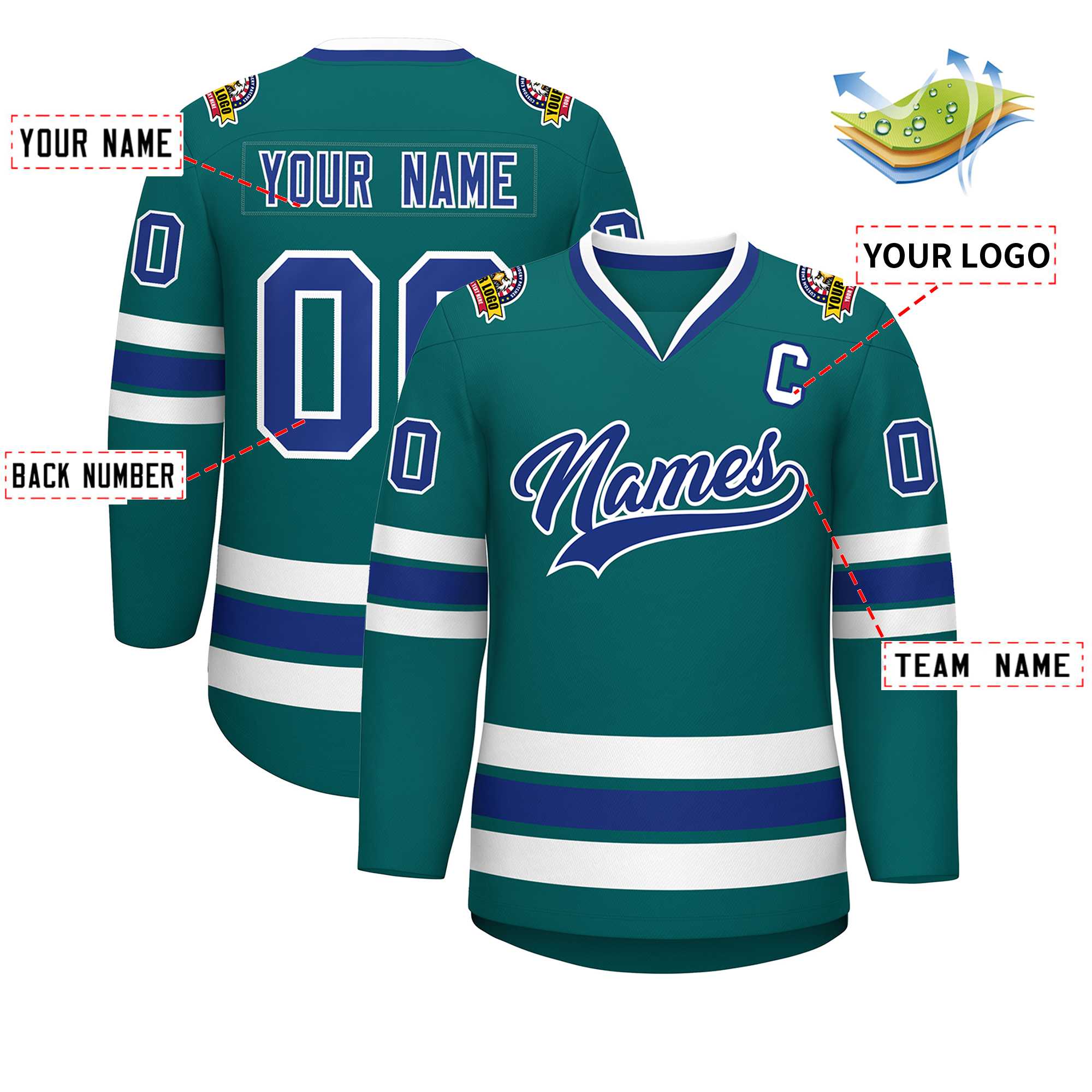 Custom Teal Royal-White Classic Style Hockey Jersey