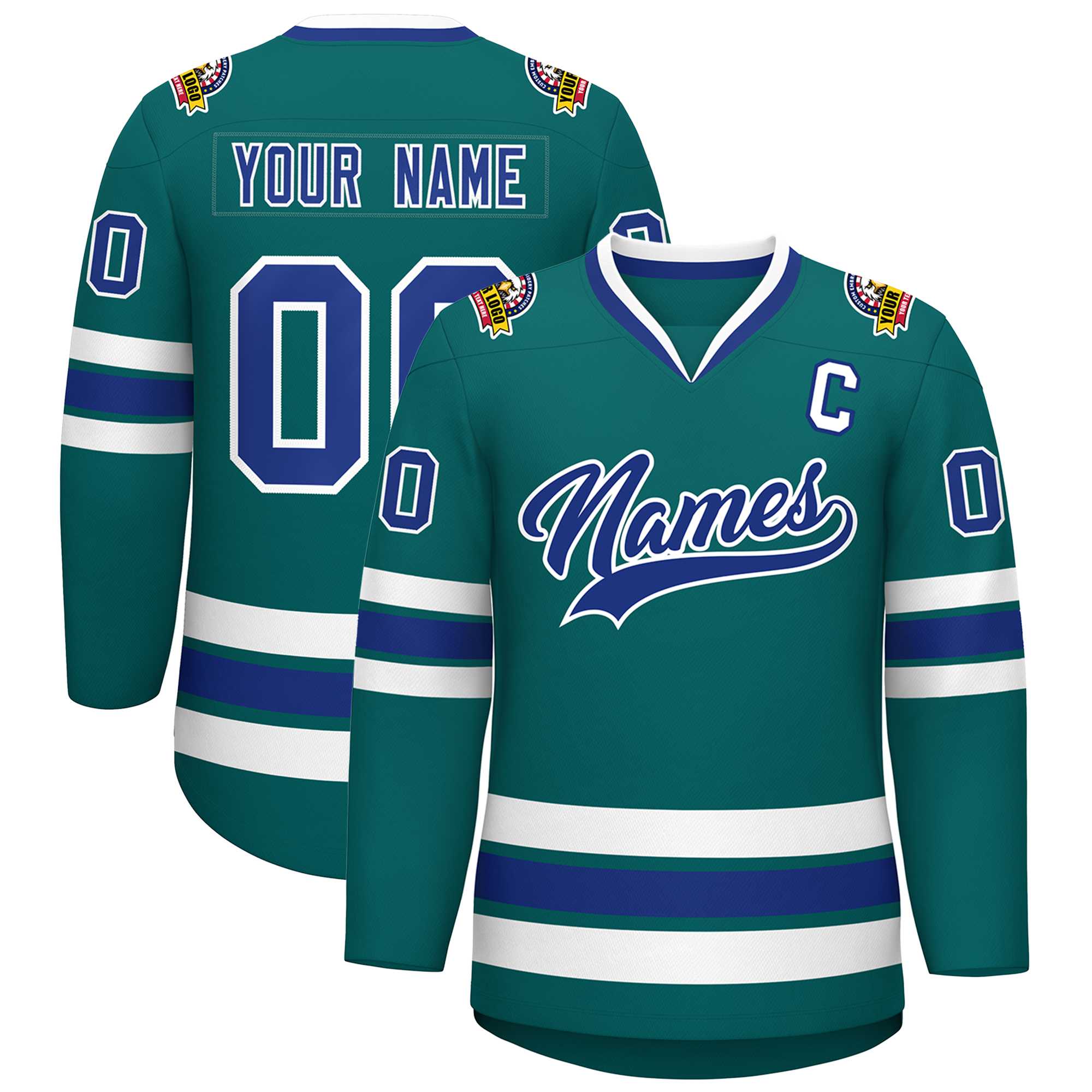 Custom Teal Royal-White Classic Style Hockey Jersey