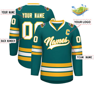 Custom Teal White-Gold Classic Style Hockey Jersey