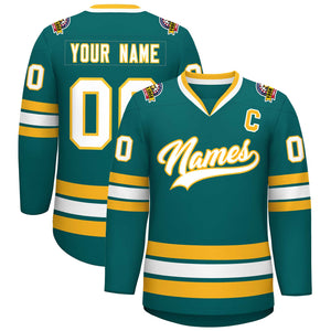 Custom Teal White-Gold Classic Style Hockey Jersey