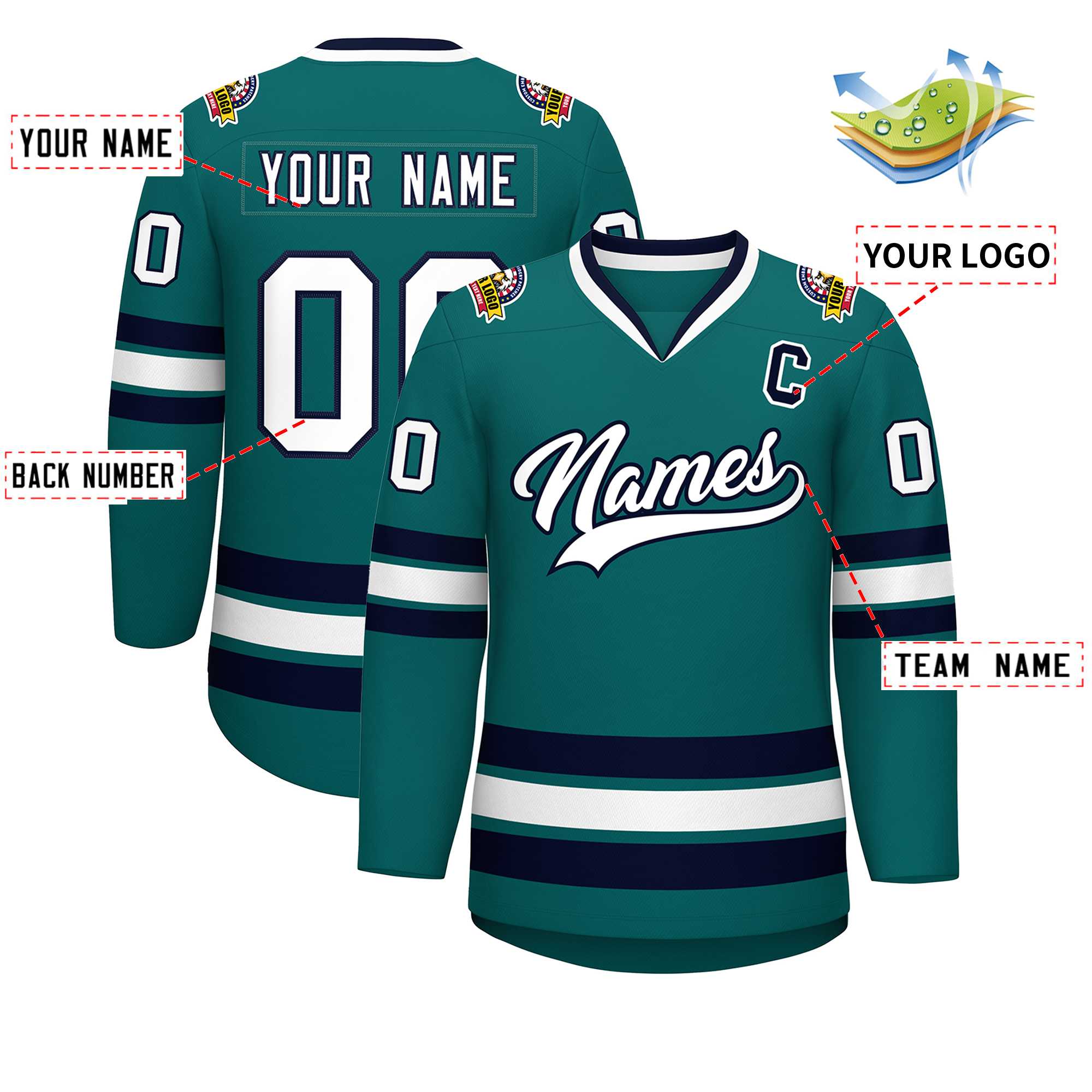 Custom Teal White-Navy Classic Style Hockey Jersey