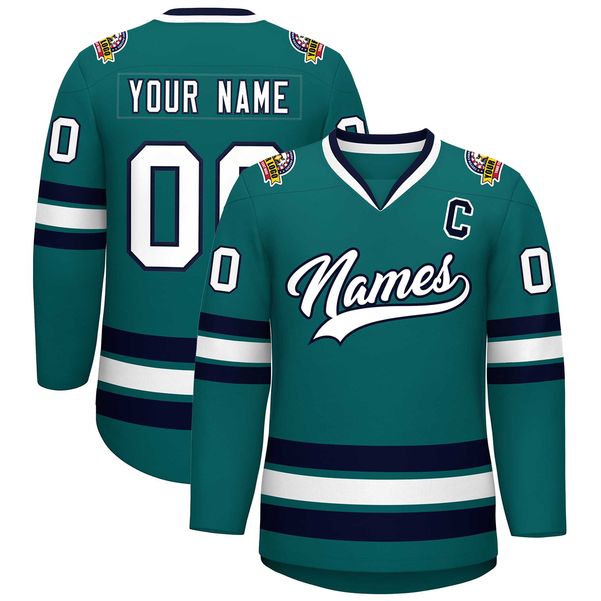 Custom Teal White-Navy Classic Style Hockey Jersey