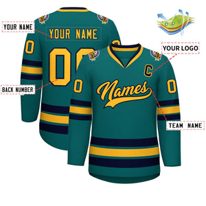 Custom Teal Gold-Navy Classic Style Hockey Jersey