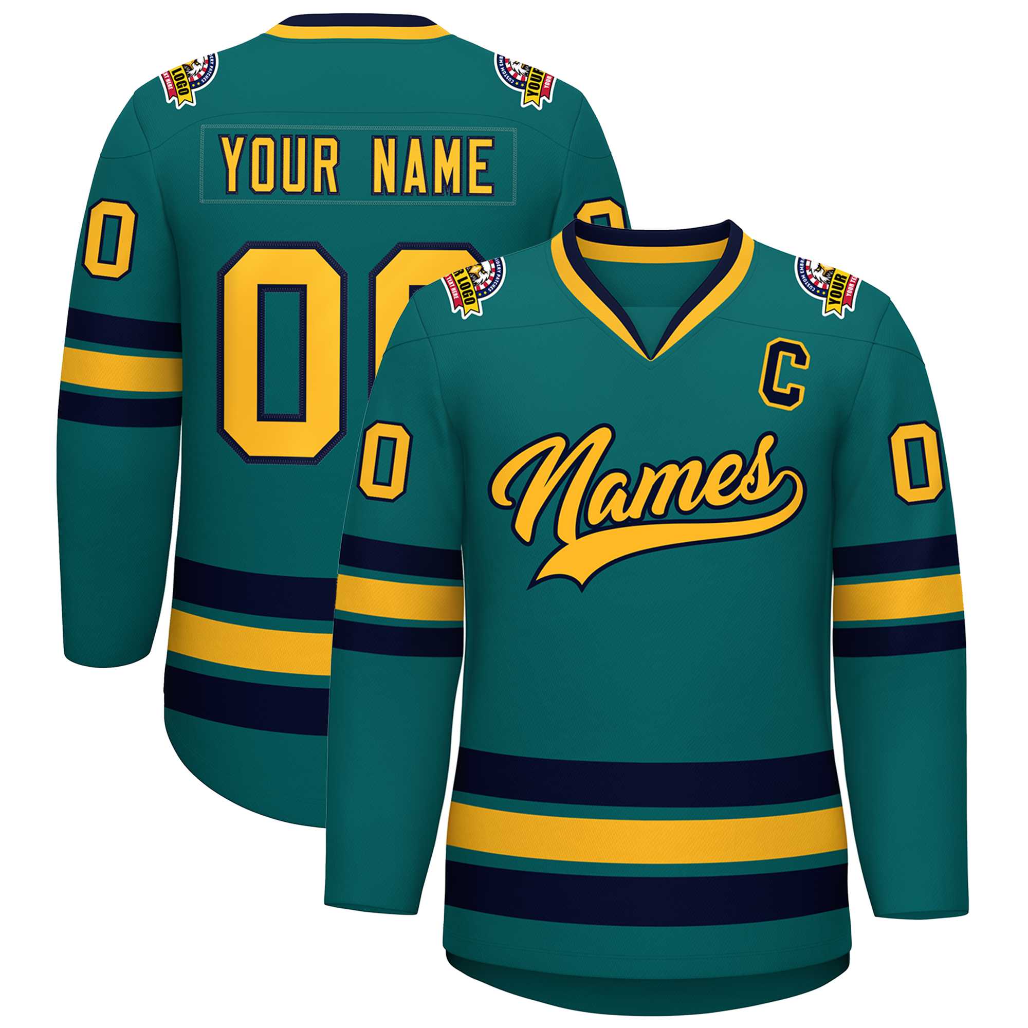 Custom Teal Gold-Navy Classic Style Hockey Jersey