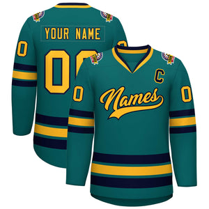 Custom Teal Gold-Navy Classic Style Hockey Jersey