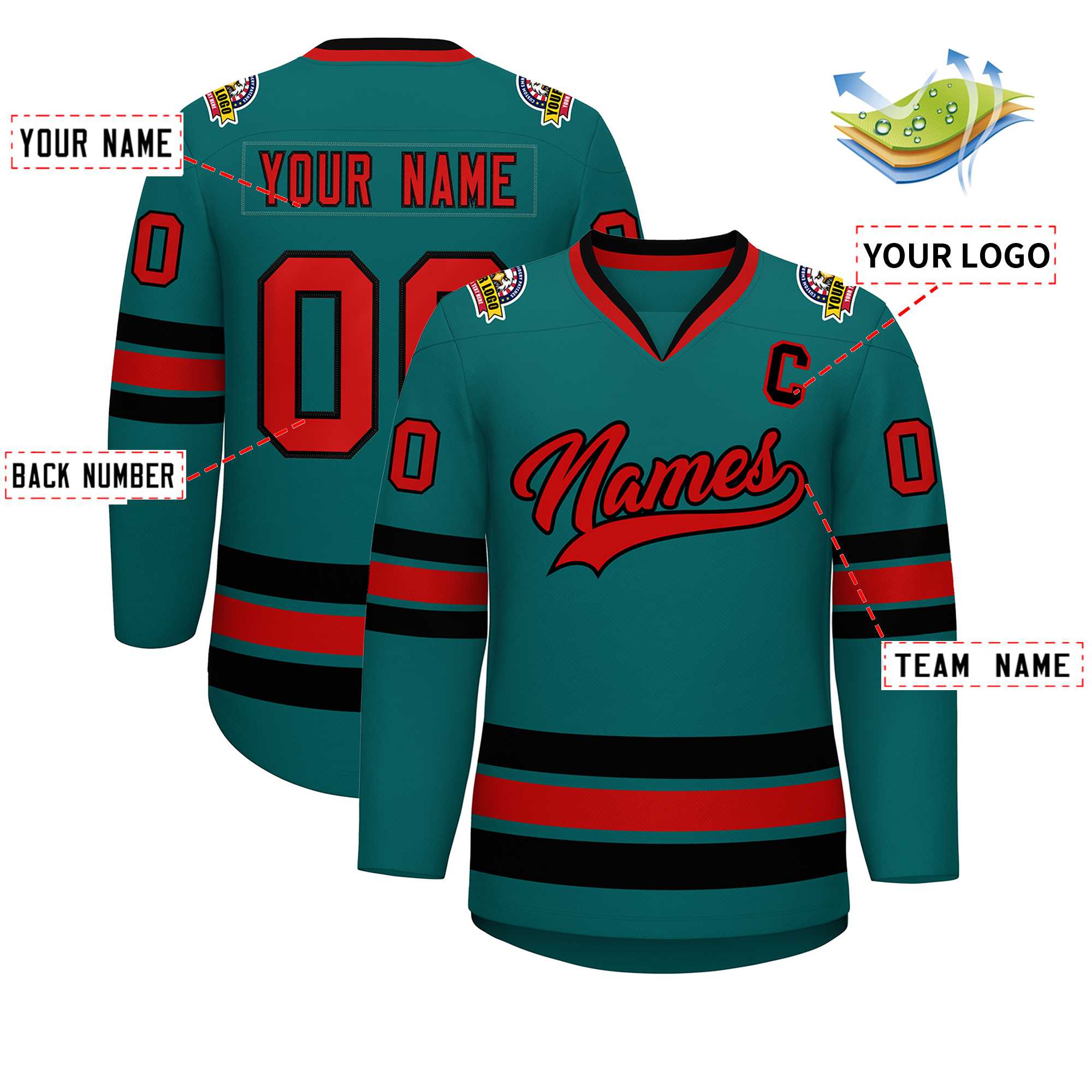 Custom Teal Red-Black Classic Style Hockey Jersey