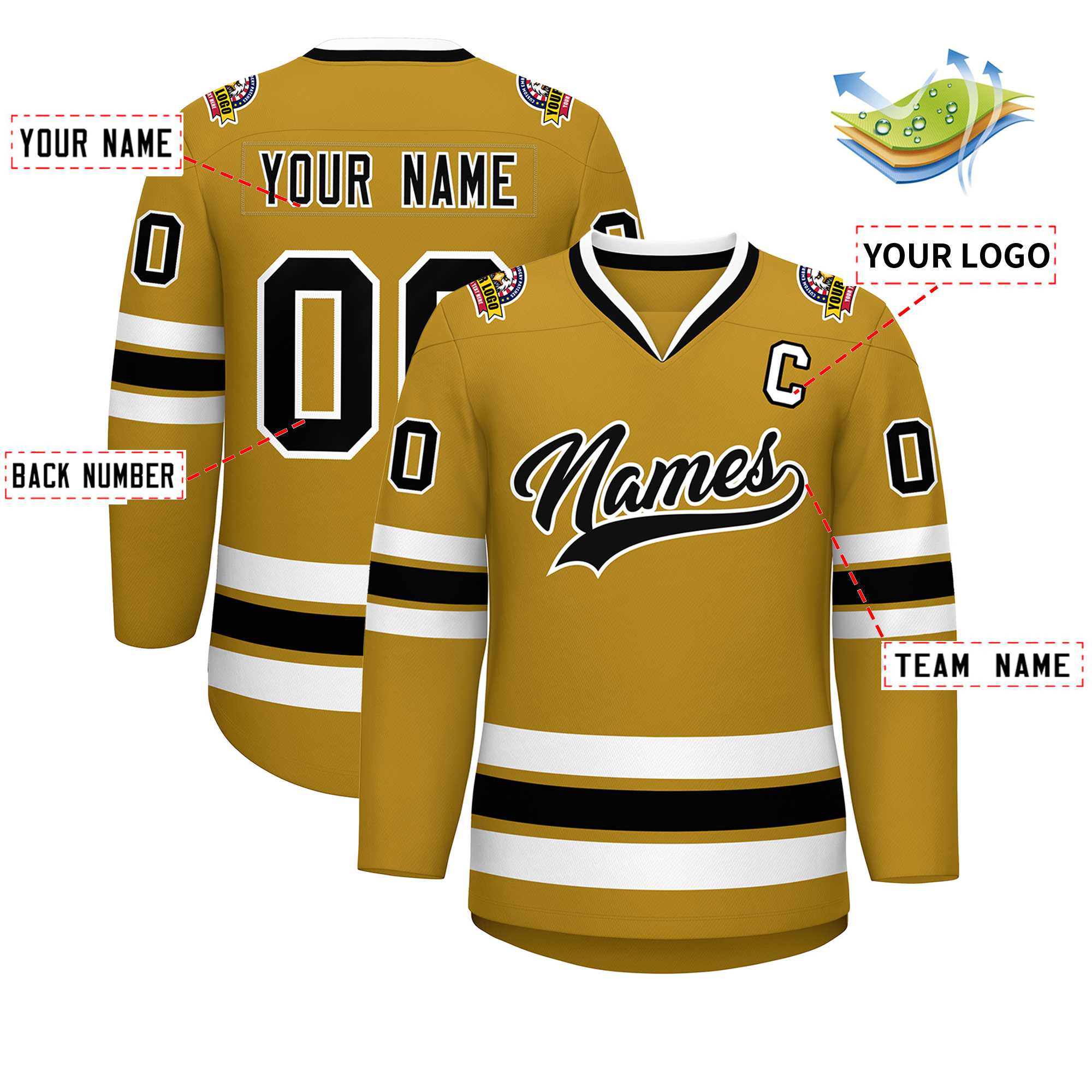 Maillot de hockey de style classique personnalisé Old Gold noir-blanc