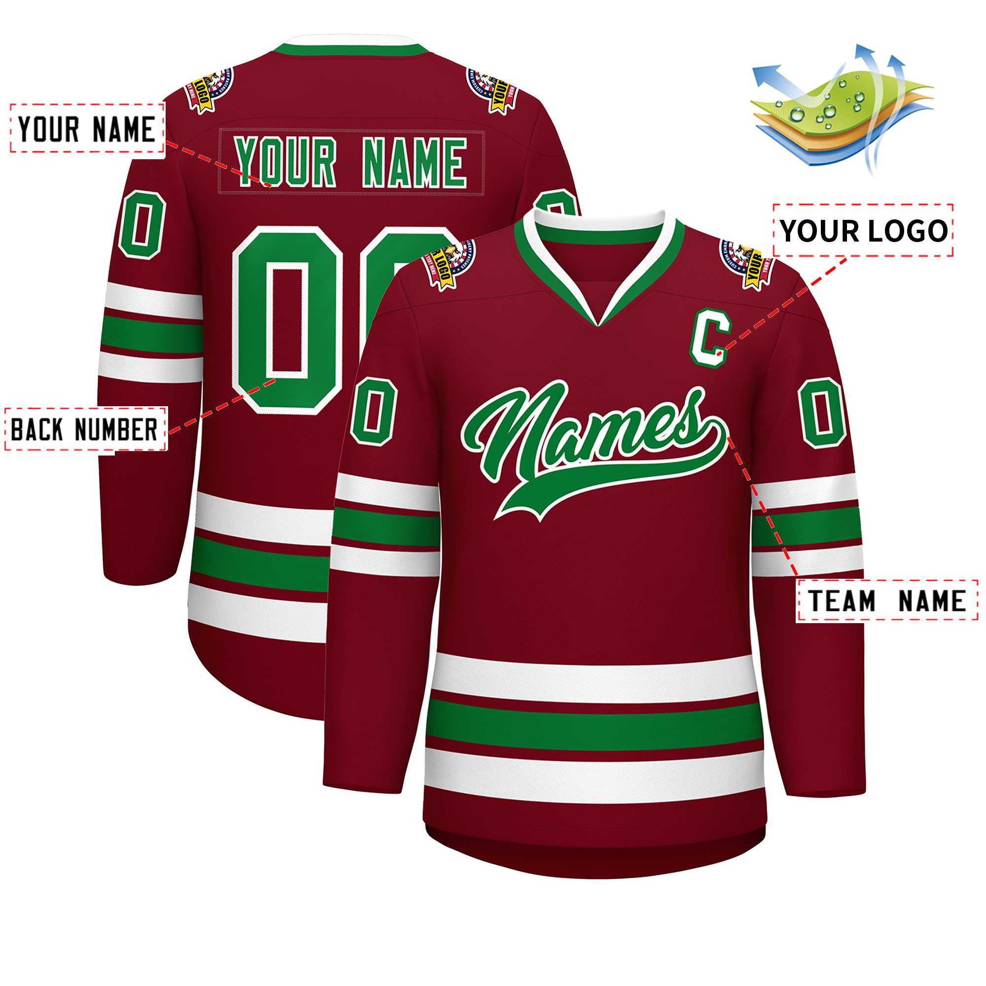 Maillot de hockey personnalisé Crimson Kelly vert-blanc de style classique