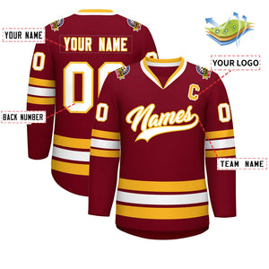 Custom Crimson White-Gold Classic Style Hockey Jersey