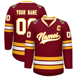 Custom Crimson White-Gold Classic Style Hockey Jersey