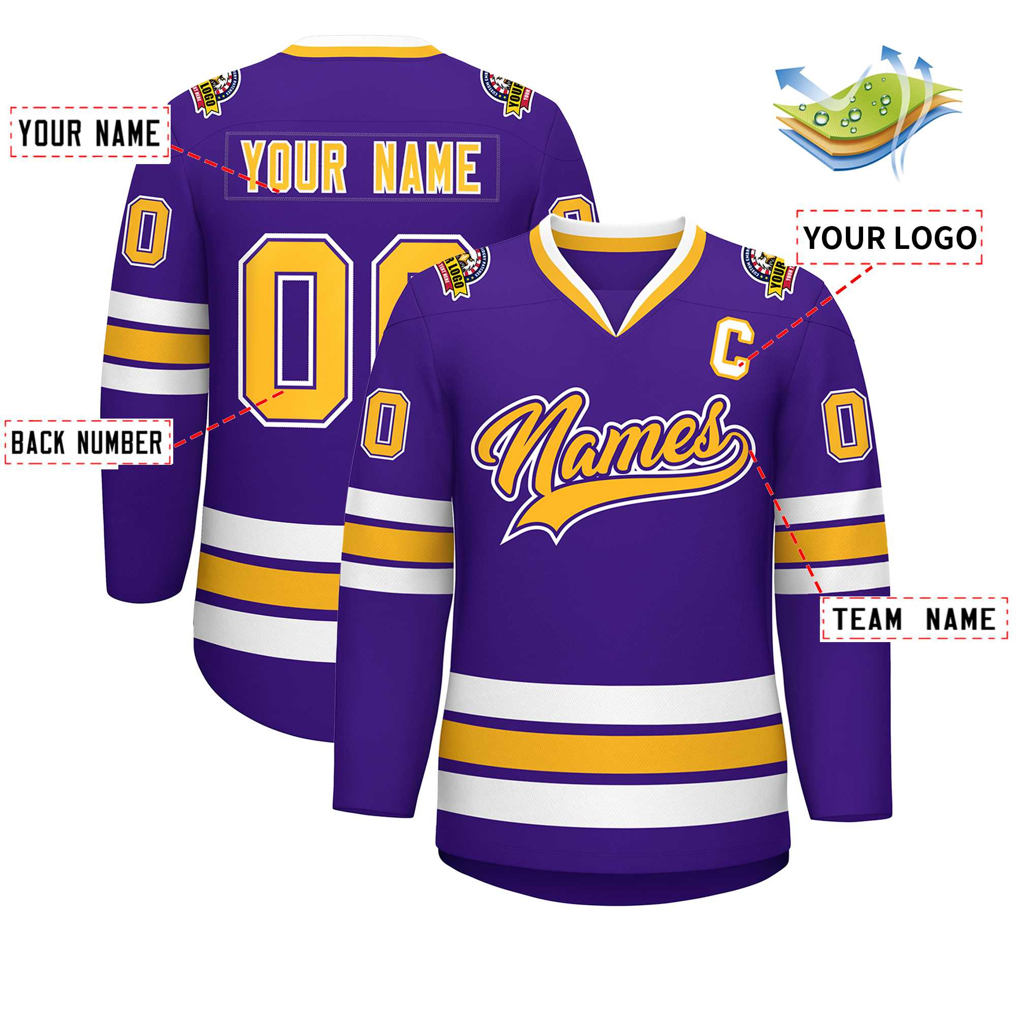 Maillot de hockey de style classique personnalisé violet or violet-blanc