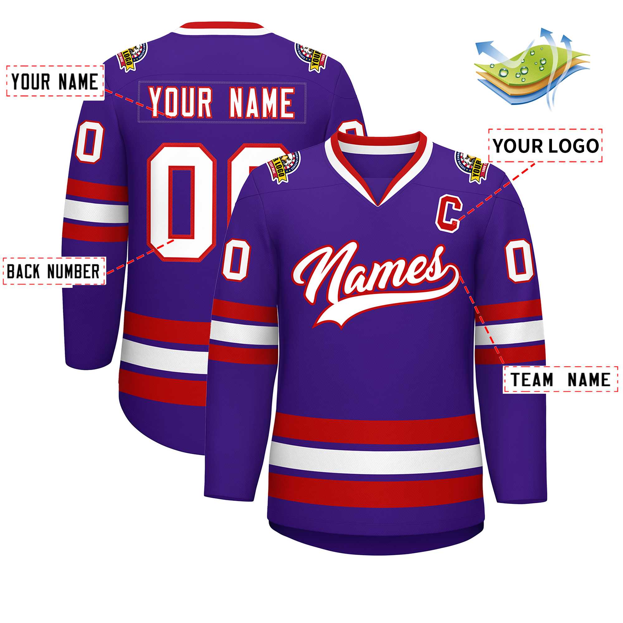 Maillot de hockey de style classique violet blanc-rouge personnalisé