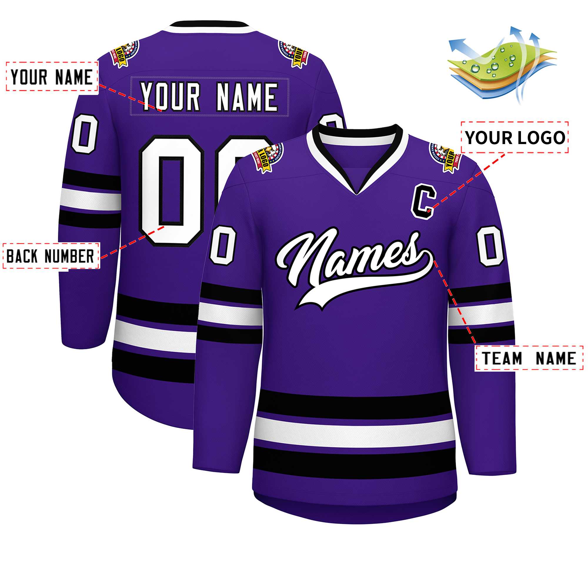 Maillot de hockey de style classique violet blanc-noir personnalisé