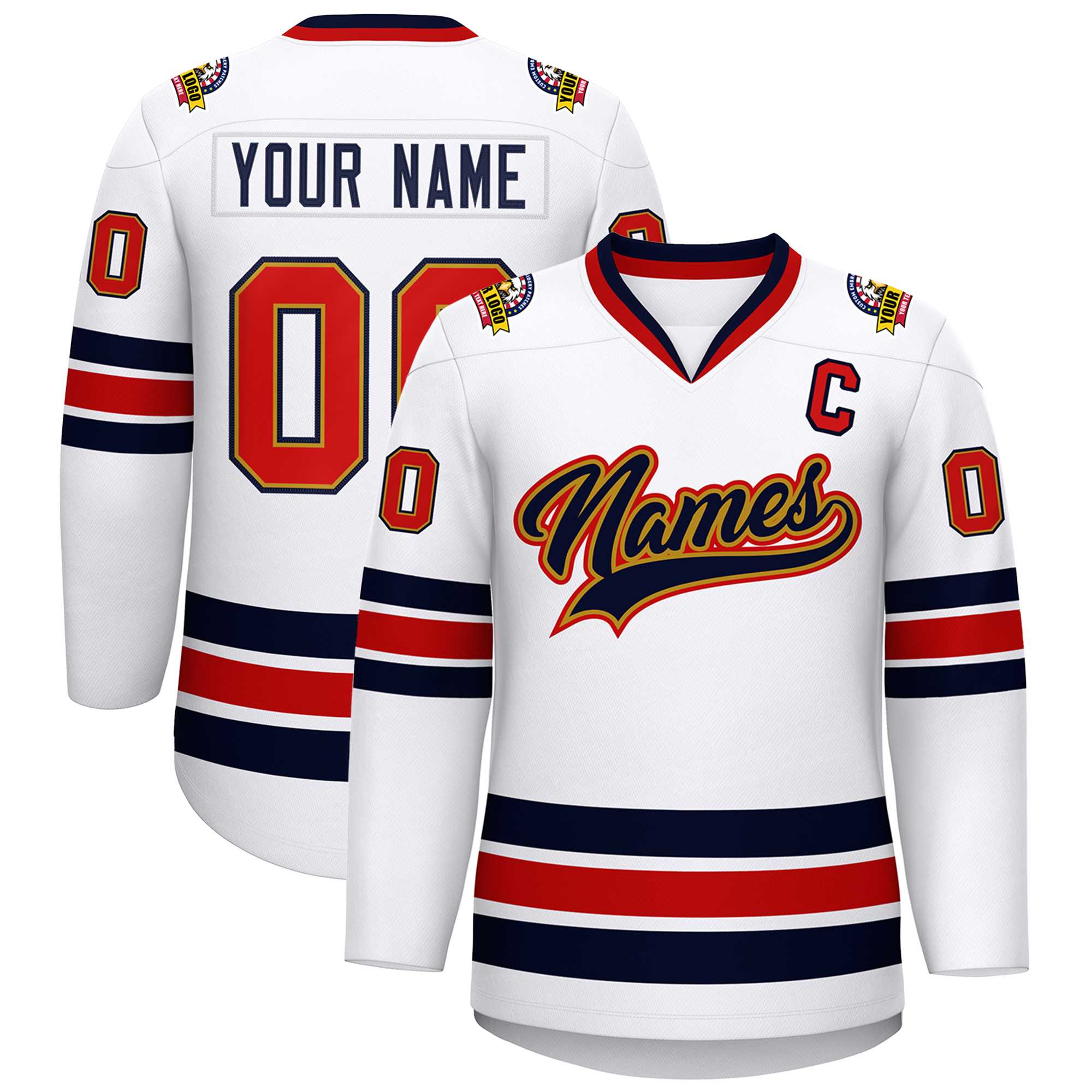 Custom White Navy Old Gold-Red Classic Style Hockey Jersey