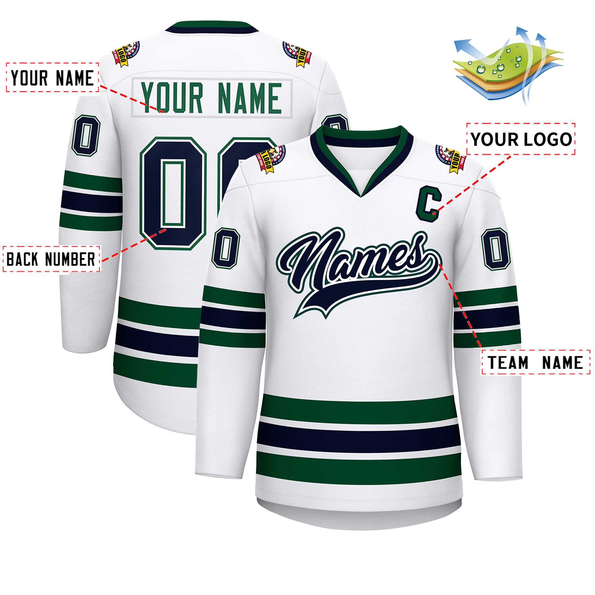 Maillot de hockey de style classique blanc-vert personnalisé blanc marine