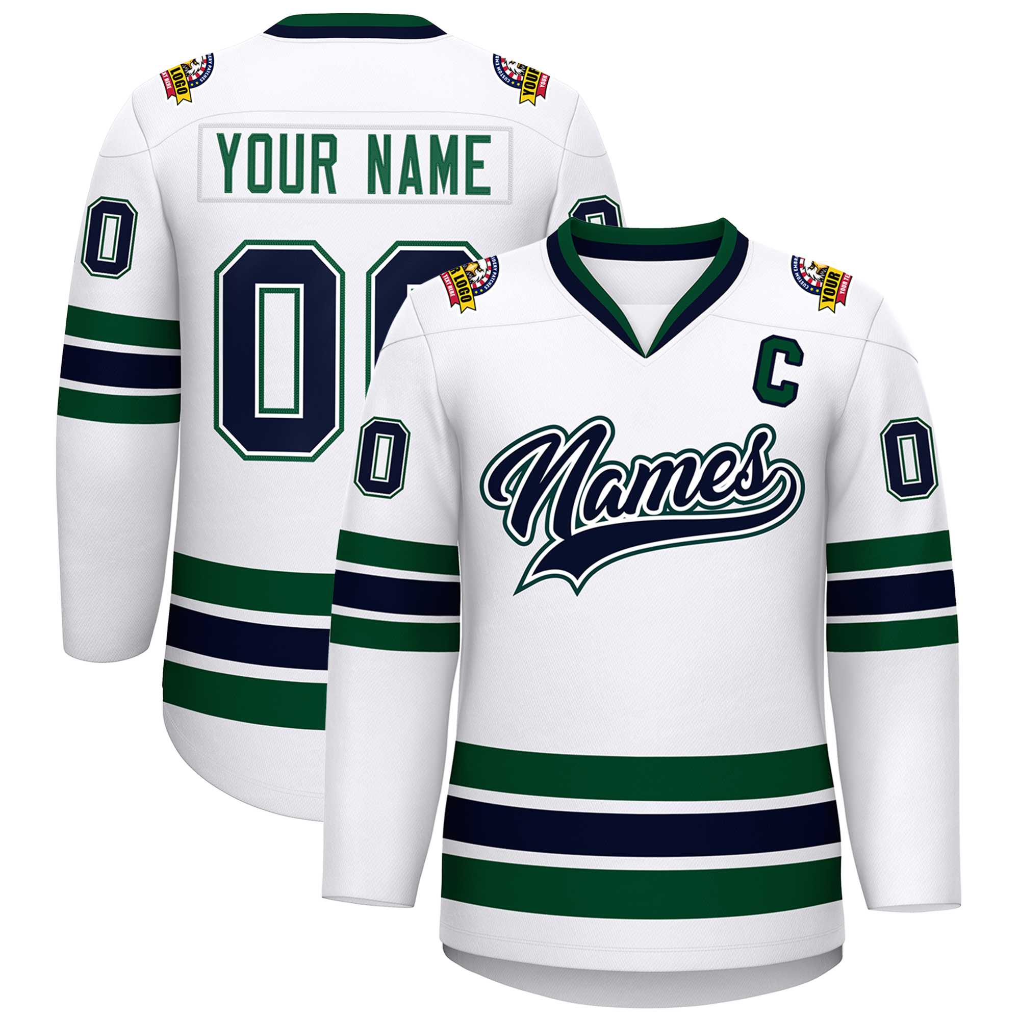 Custom White Navy White-Green Classic Style Hockey Jersey