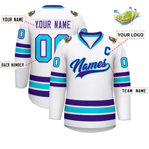 Custom White Purple-Powder Blue Classic Style Hockey Jersey