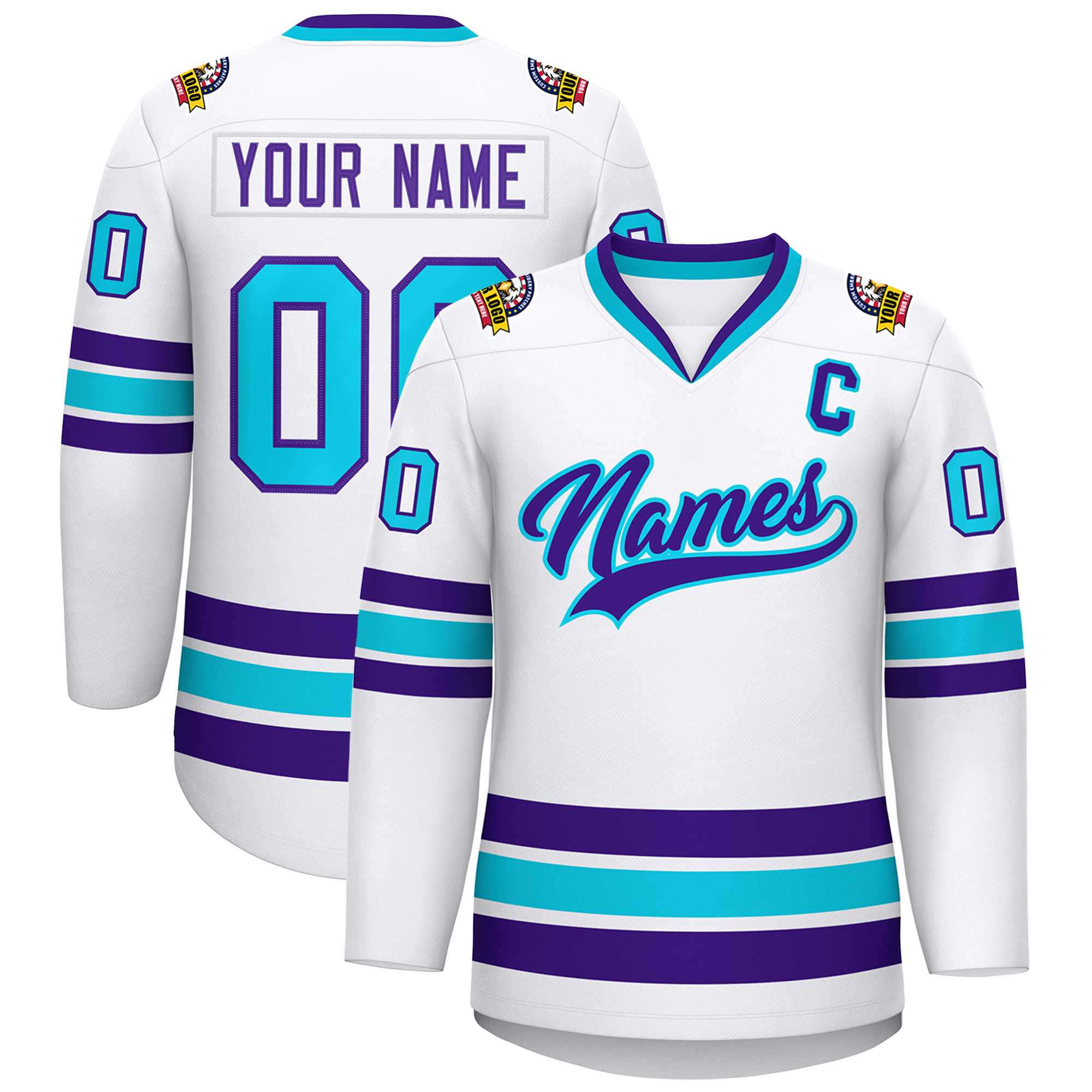 Maillot de hockey de style classique personnalisé blanc violet-bleu poudré