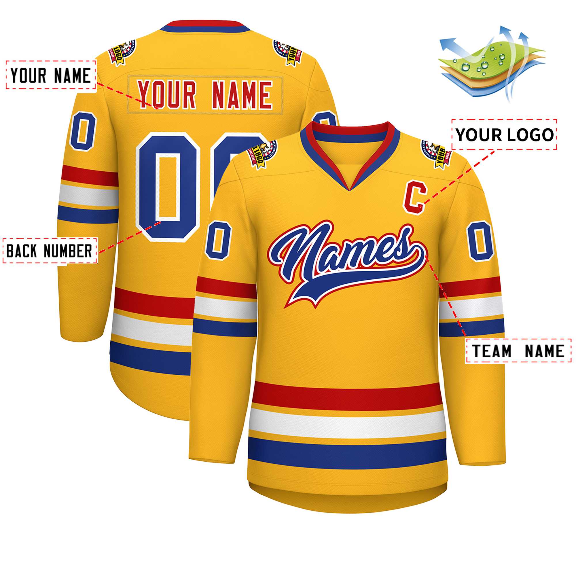 Custom Gold Royal White-Red Classic Style Hockey Jersey