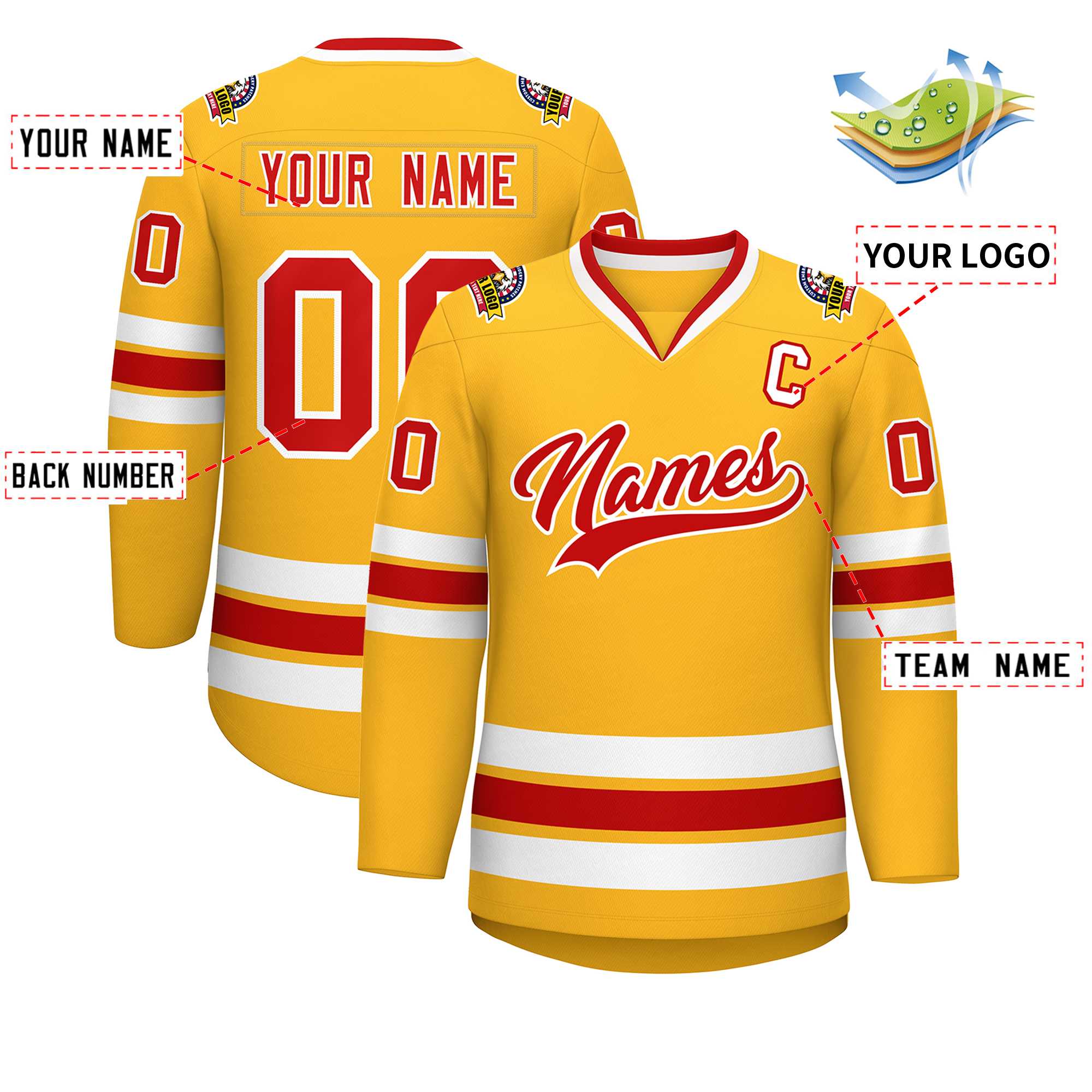 Custom Gold Red-White Classic Style Hockey Jersey