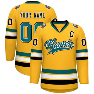 Custom Gold Aqua White-Black Classic Style Hockey Jersey