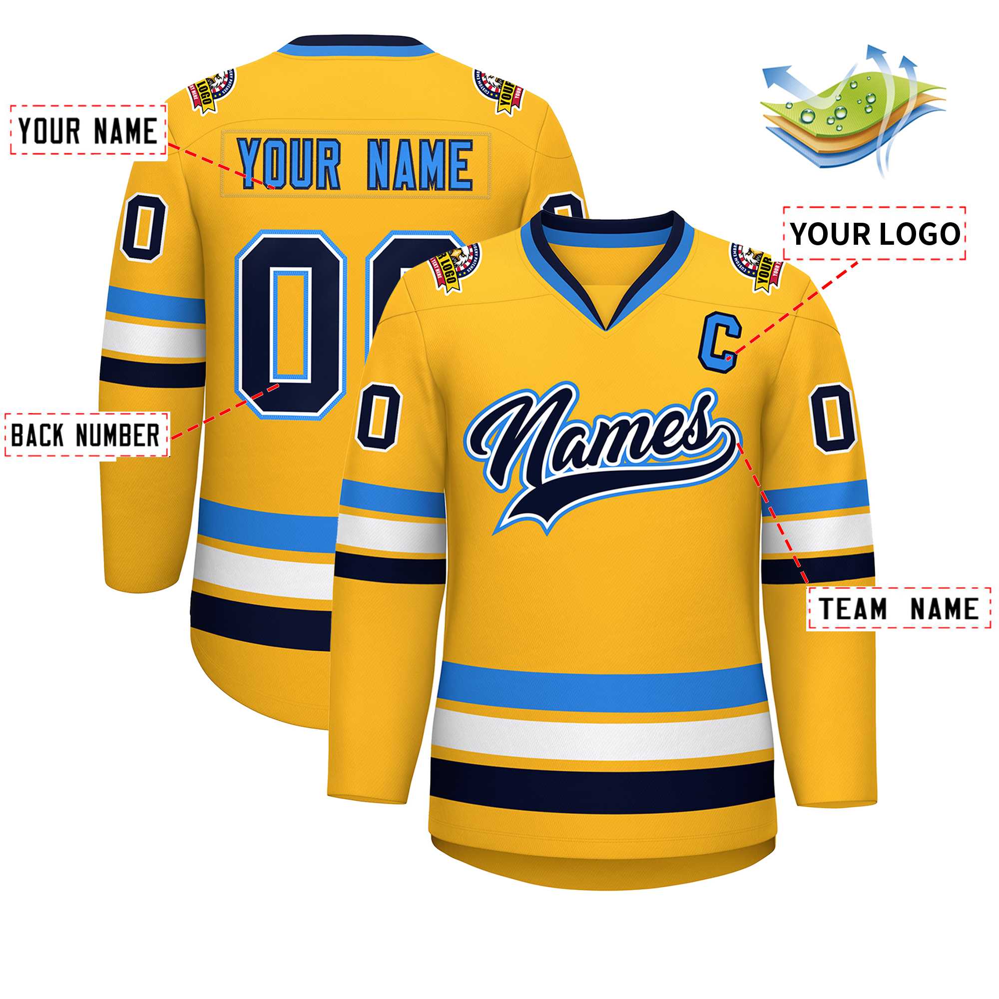 Custom Gold Navy White-Powder Blue Classic Style Hockey Jersey