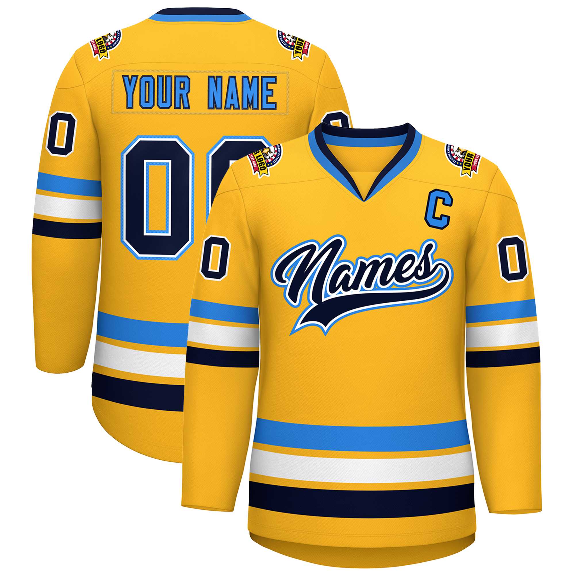 Custom Gold Navy White-Powder Blue Classic Style Hockey Jersey