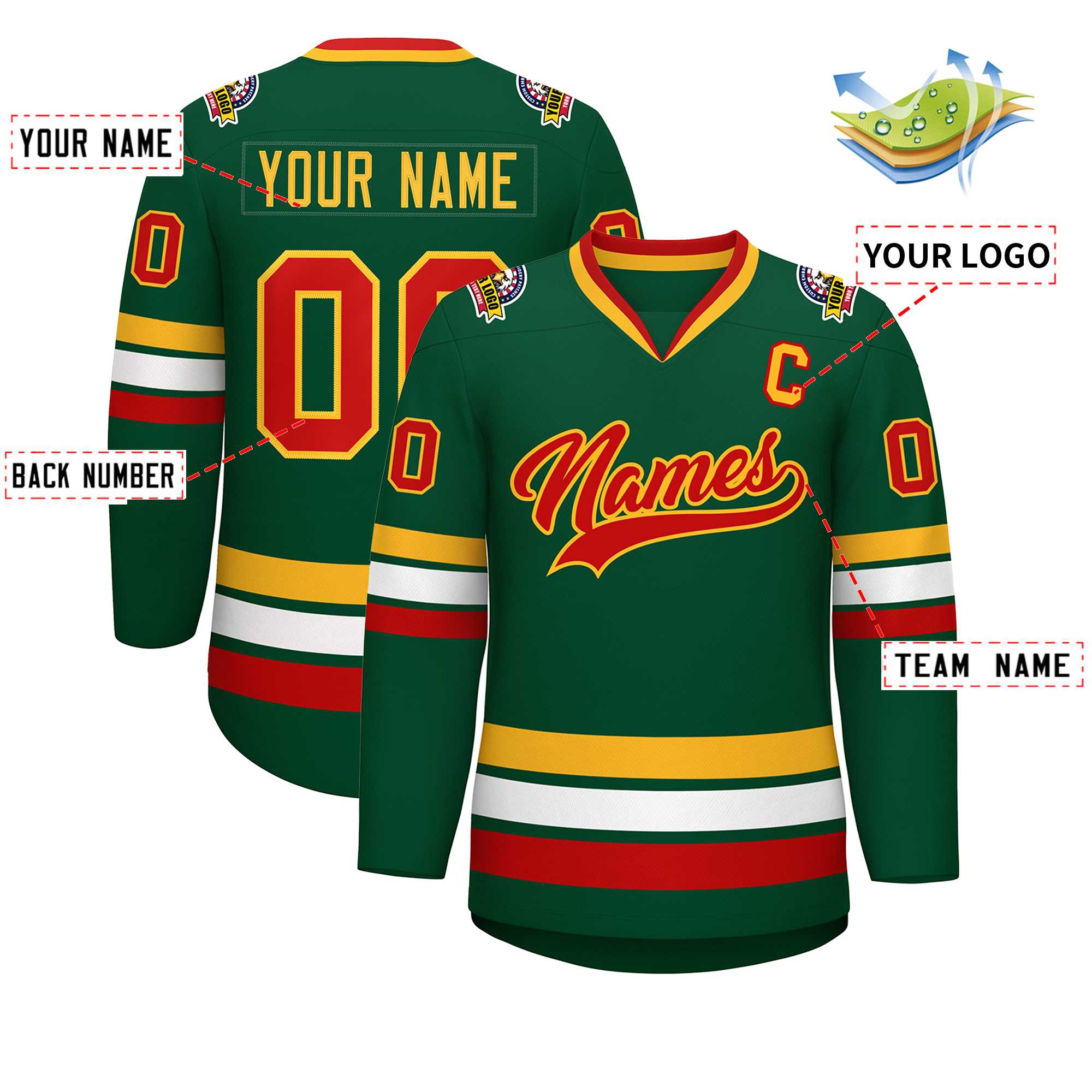 Maillot de hockey de style classique vert rouge-or personnalisé