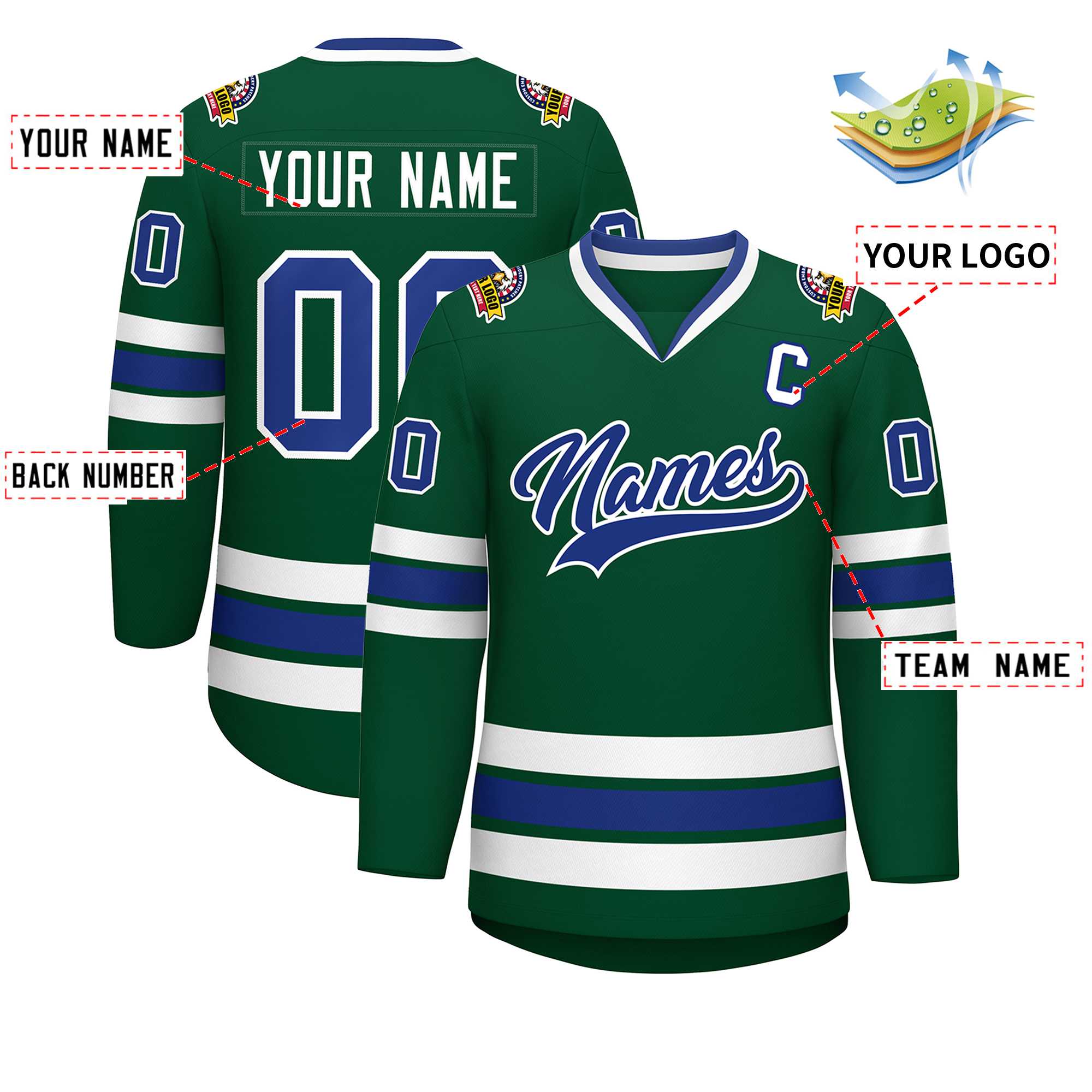 Maillot de hockey de style classique vert Royal-blanc personnalisé