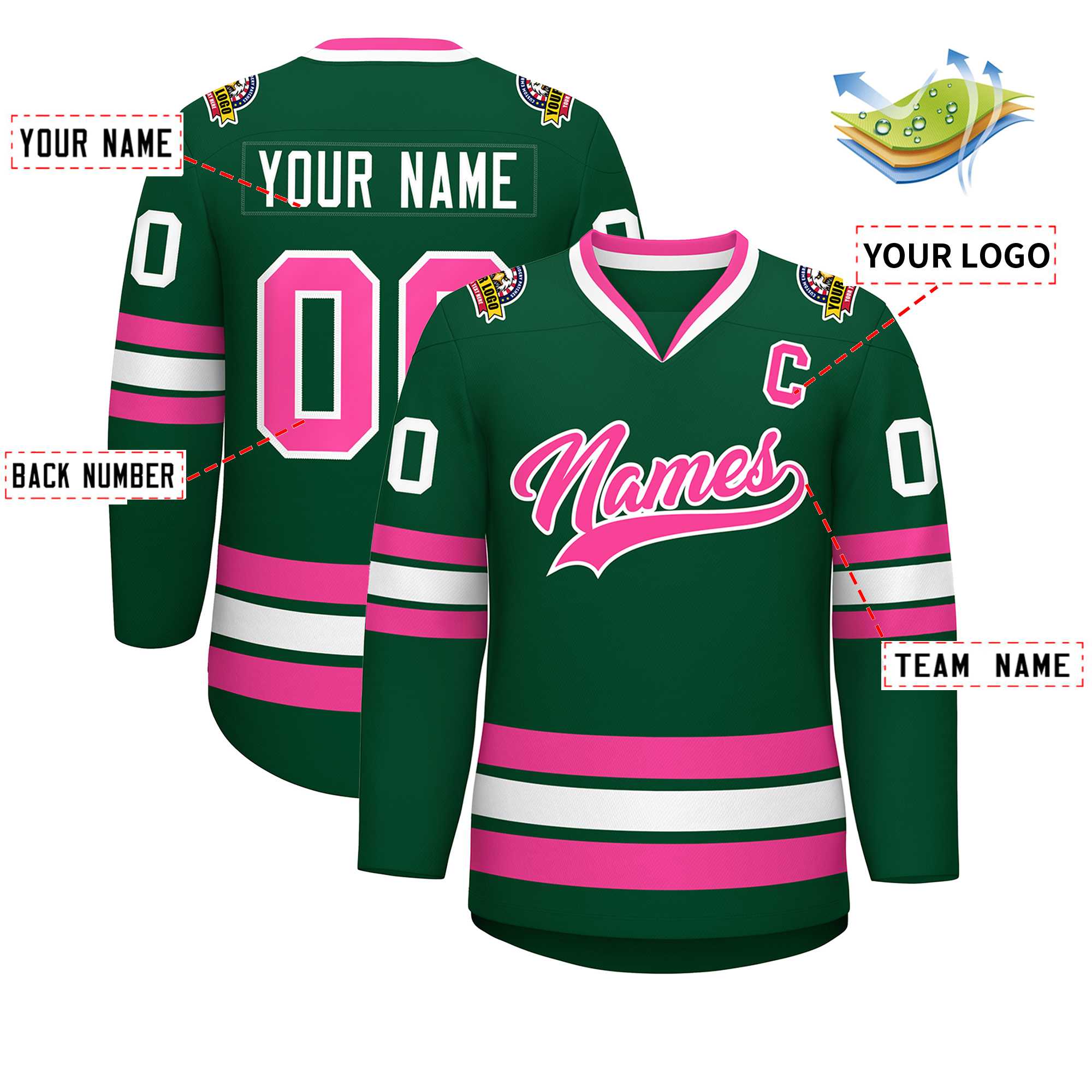 Maillot de hockey de style classique vert rose-blanc personnalisé