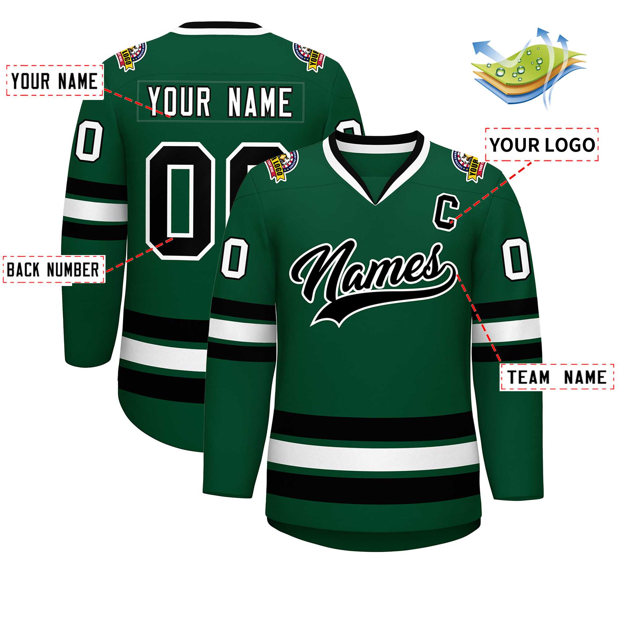 Maillot de hockey de style classique vert noir-blanc personnalisé