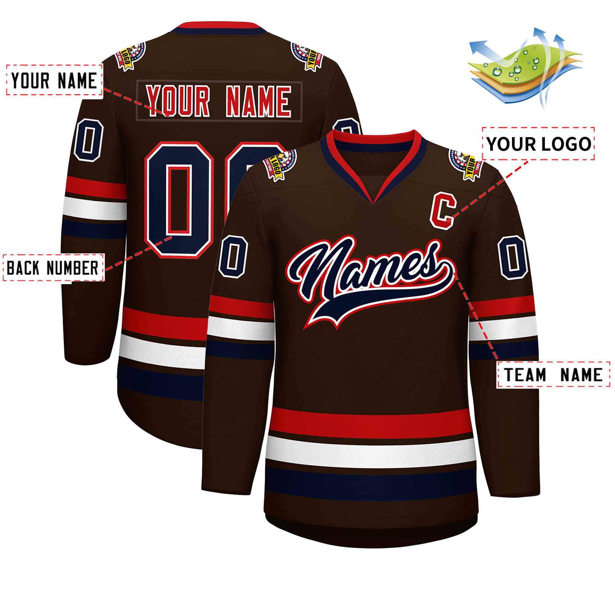 Custom Brown Navy White-Red Classic Style Hockey Jersey