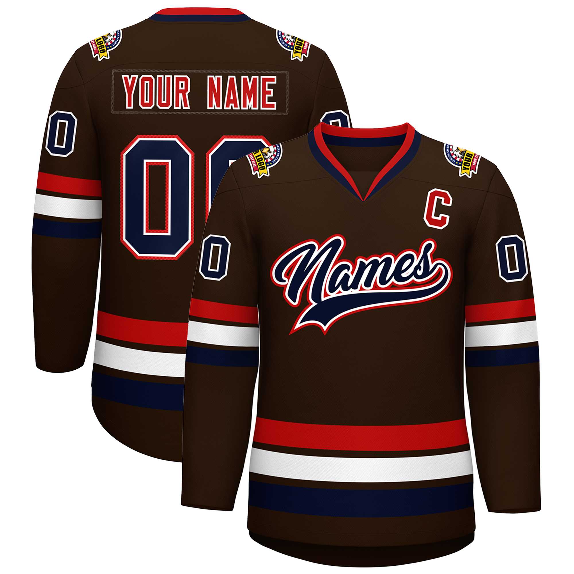 Custom Brown Navy White-Red Classic Style Hockey Jersey