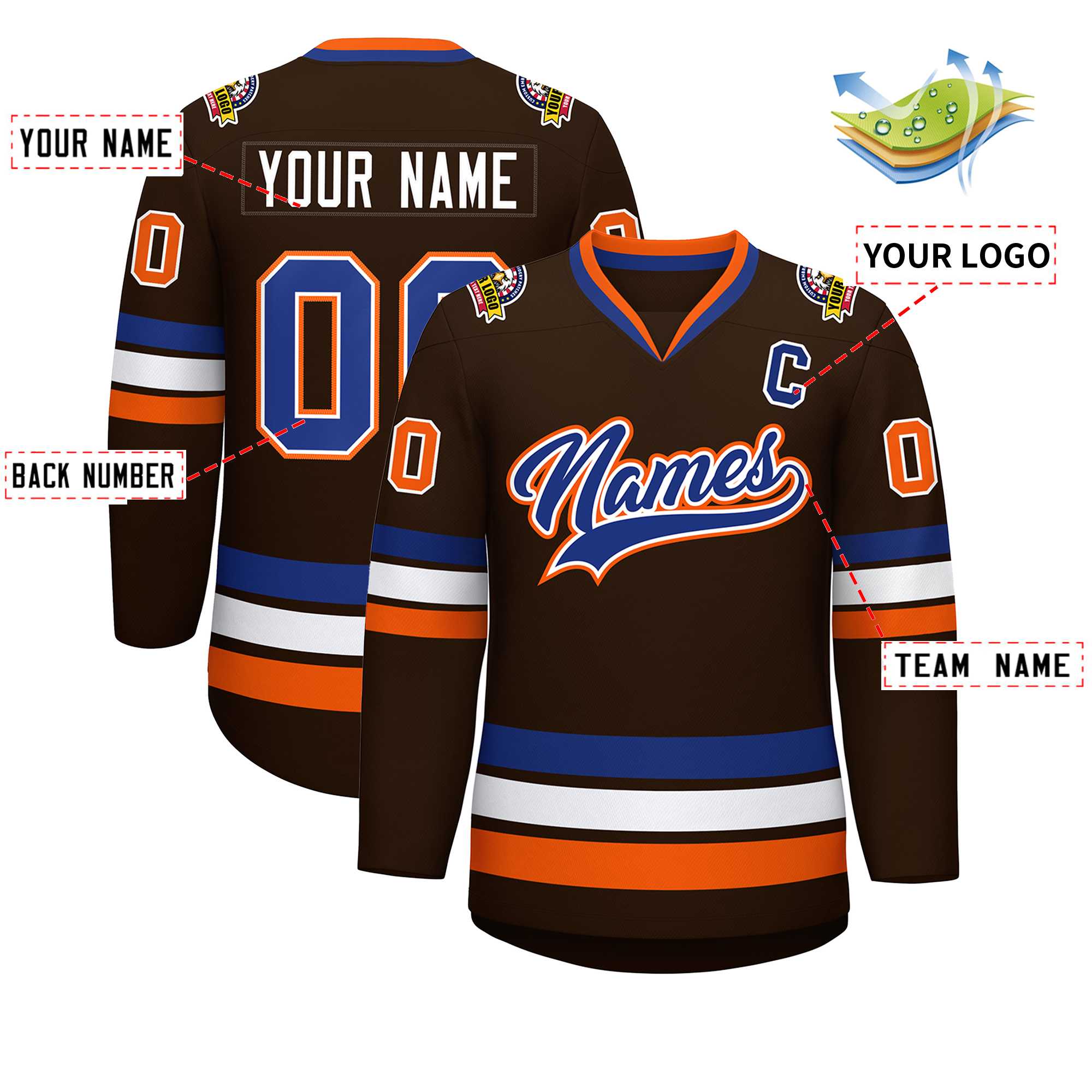 Maillot de hockey de style classique marron royal blanc-orange personnalisé