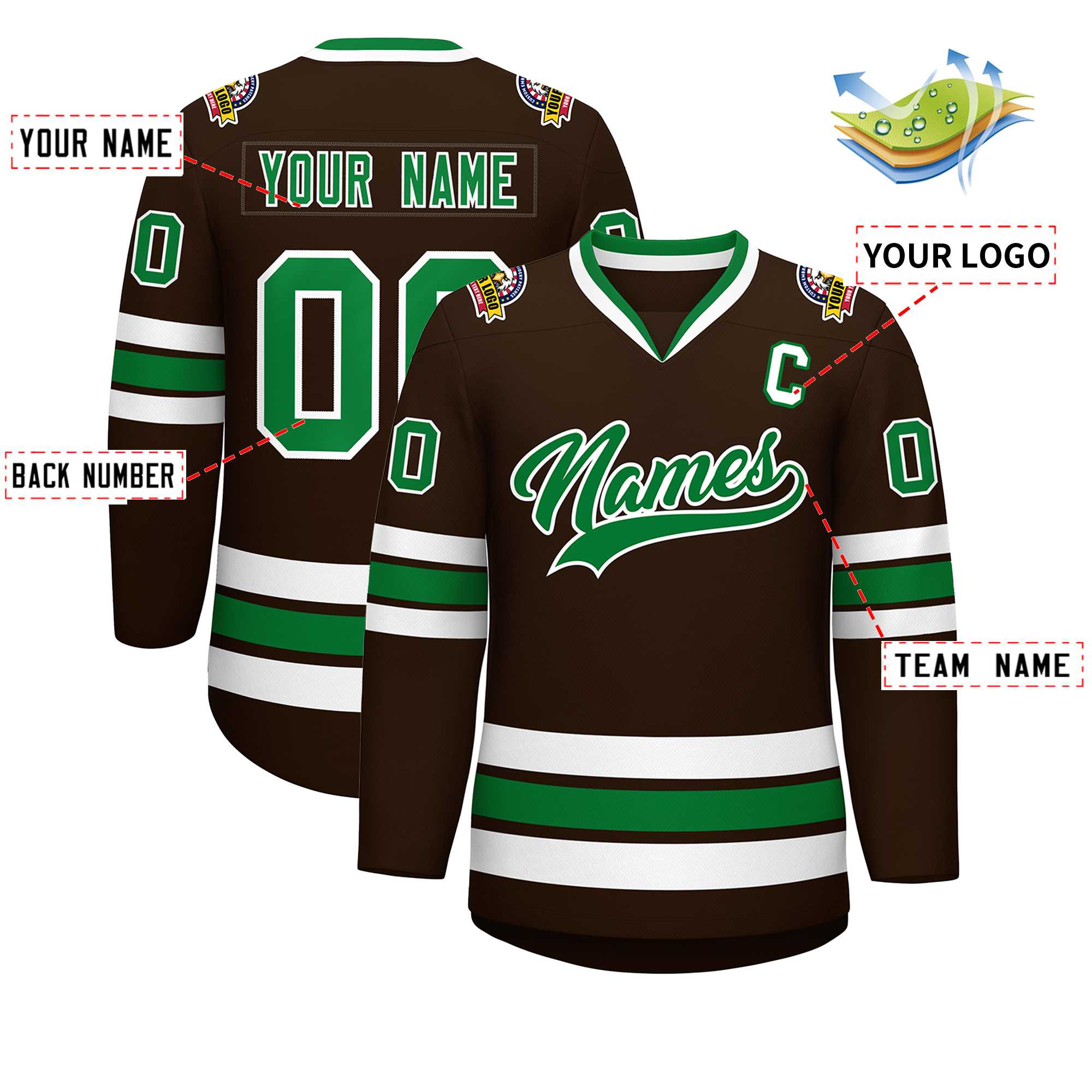 Maillot de hockey de style classique marron Kelly vert-blanc personnalisé