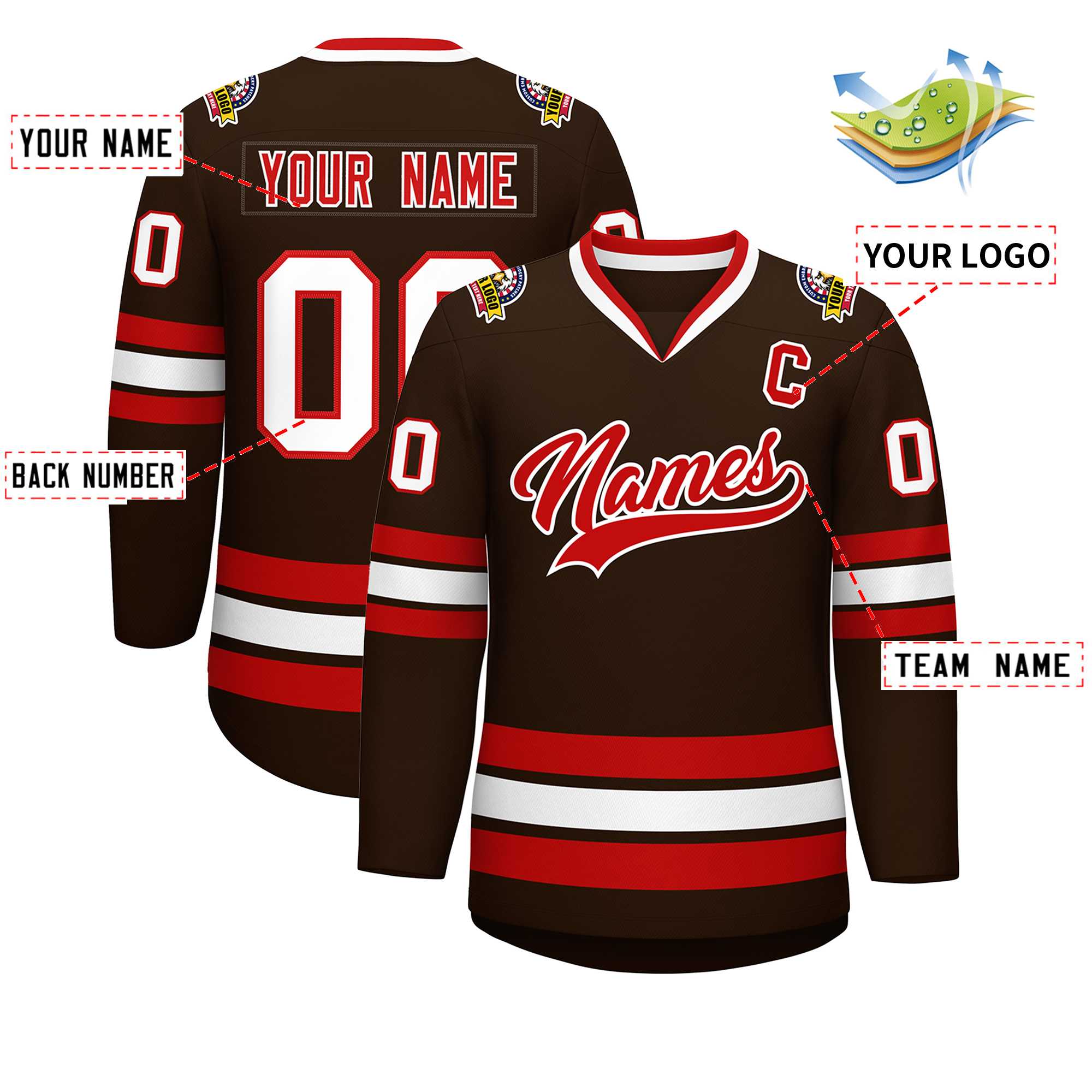 Maillot de hockey de style classique personnalisé marron rouge-blanc