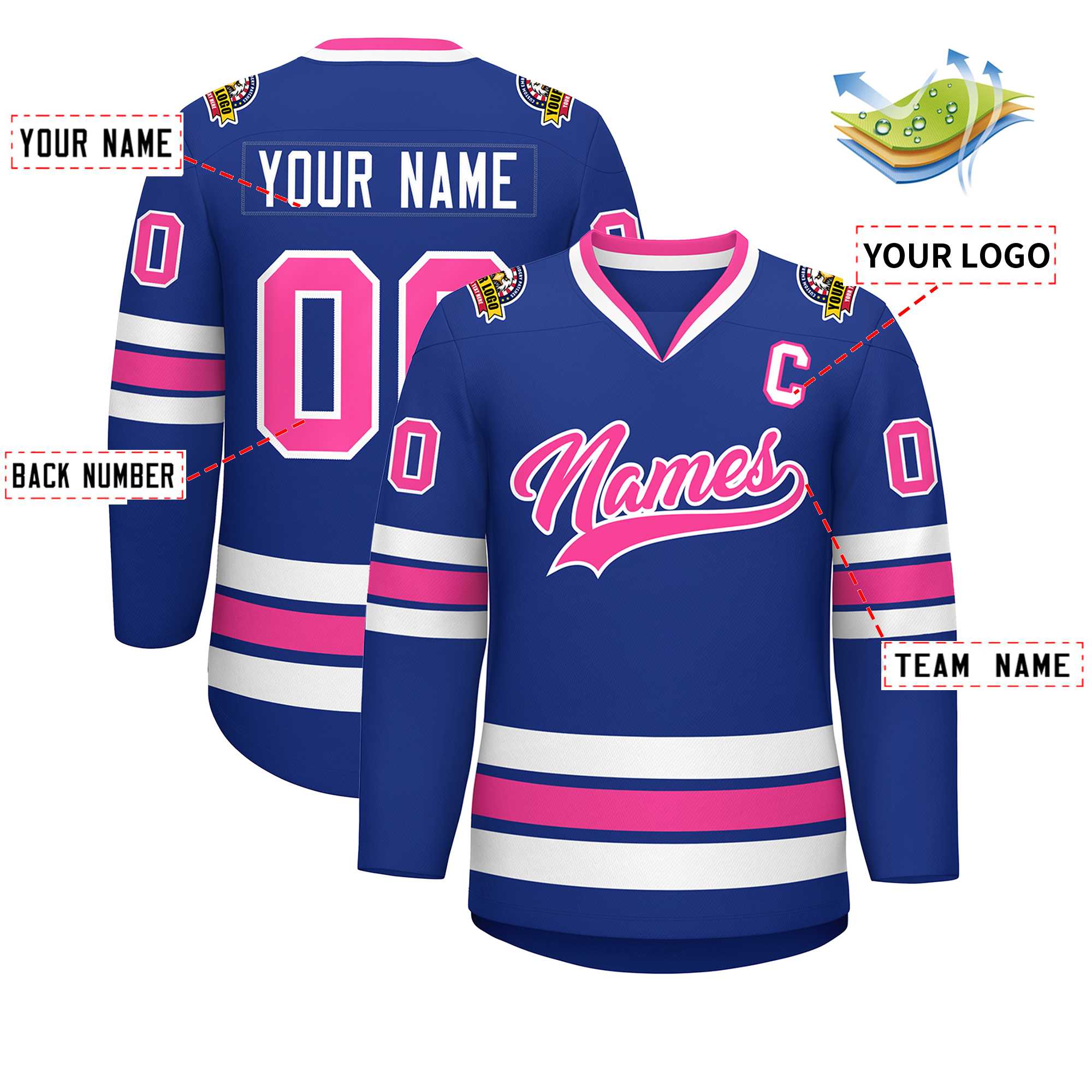 Maillot de hockey personnalisé de style classique rose-blanc royal