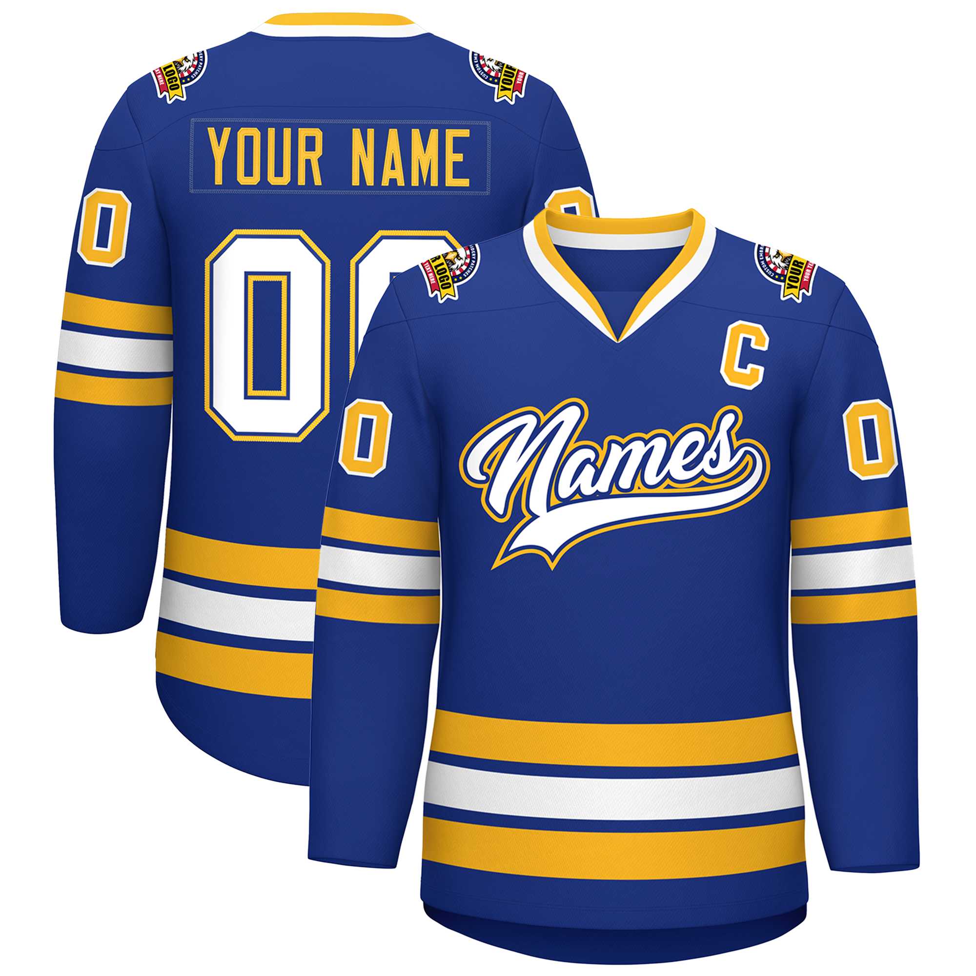 Custom Royal White Royal-Gold Classic Style Hockey Jersey