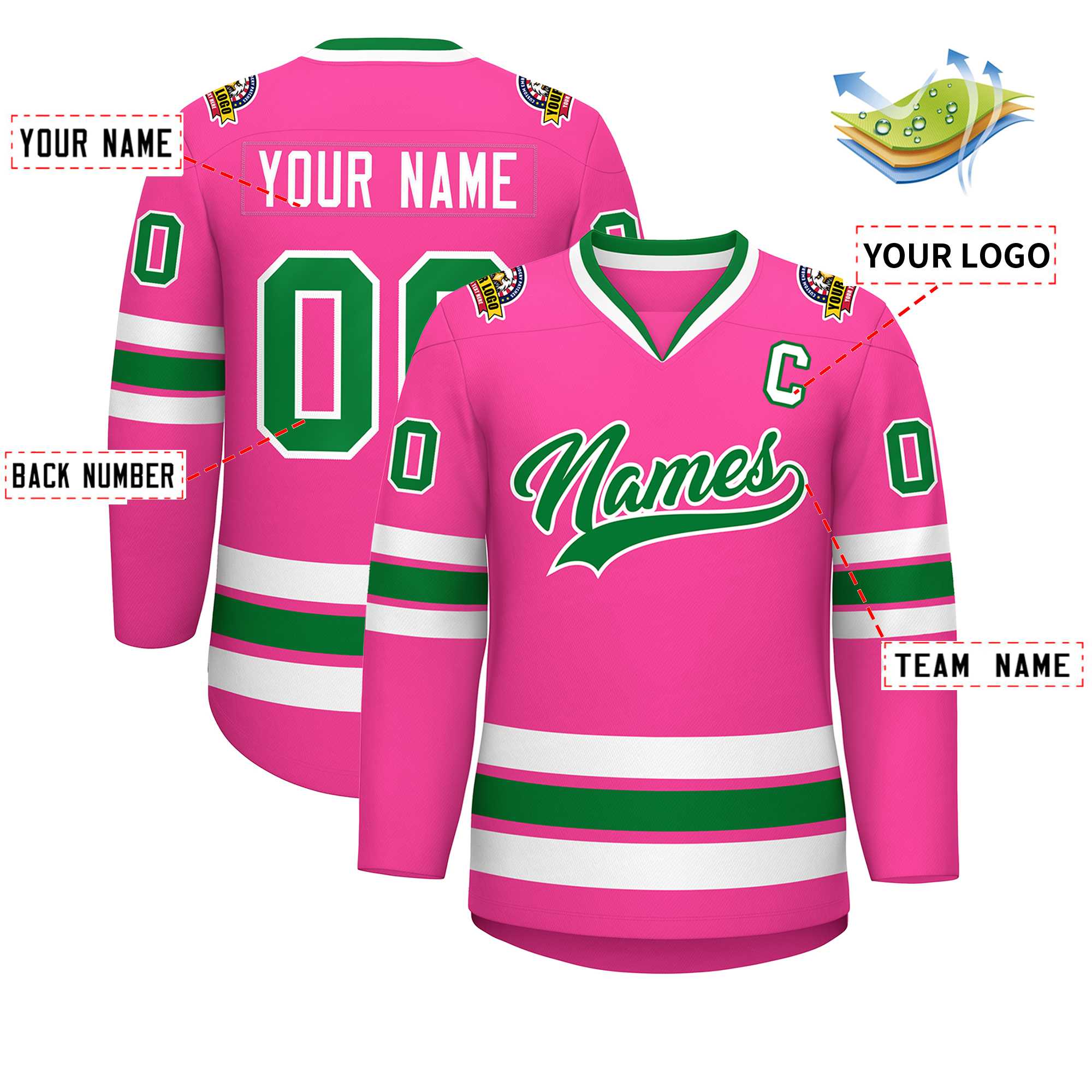 Maillot de hockey de style classique rose Kelly vert-blanc personnalisé